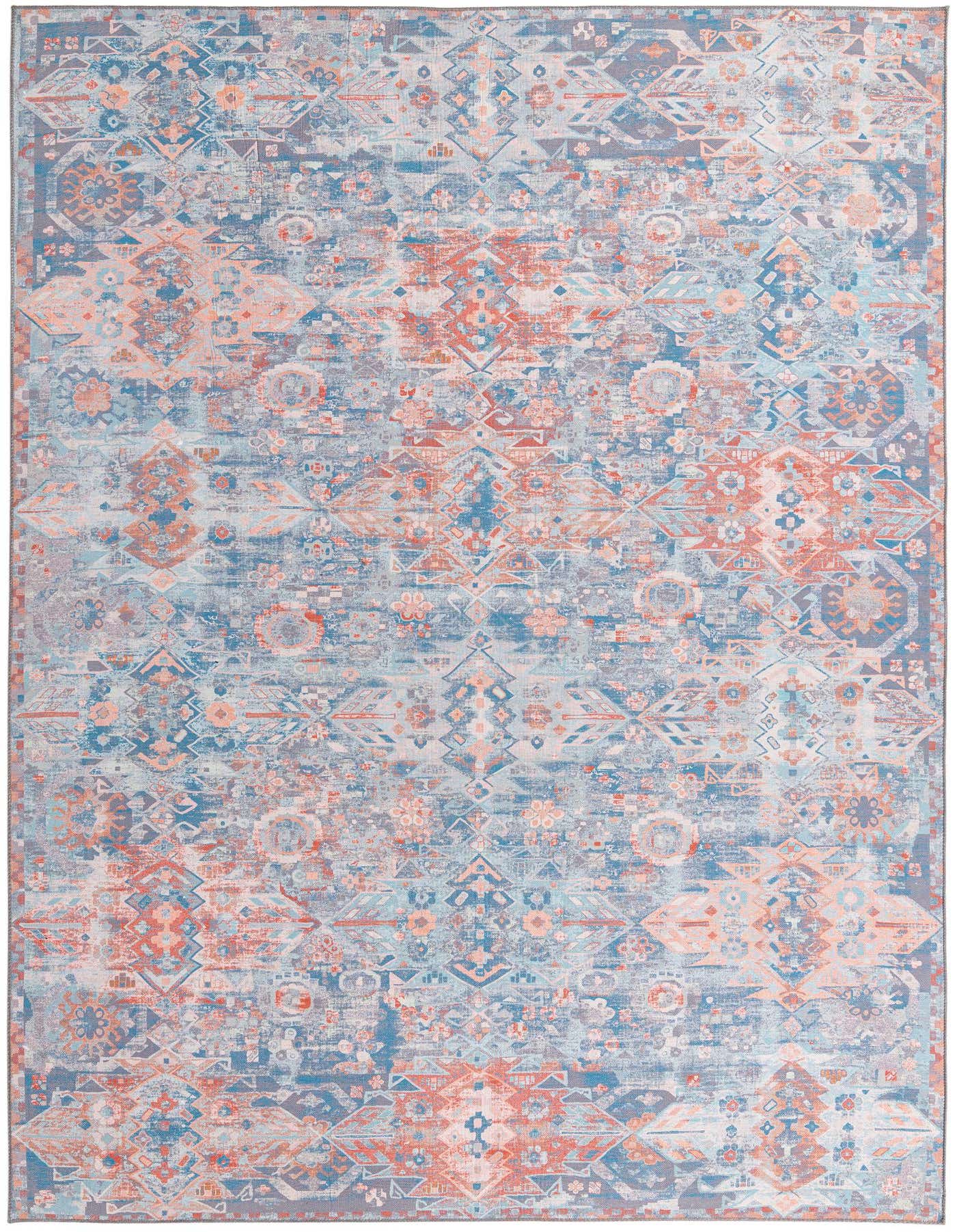 A large 8x12 rectangular area rug featuring a distressed transitional pattern in shades of blue, orange, and peach.