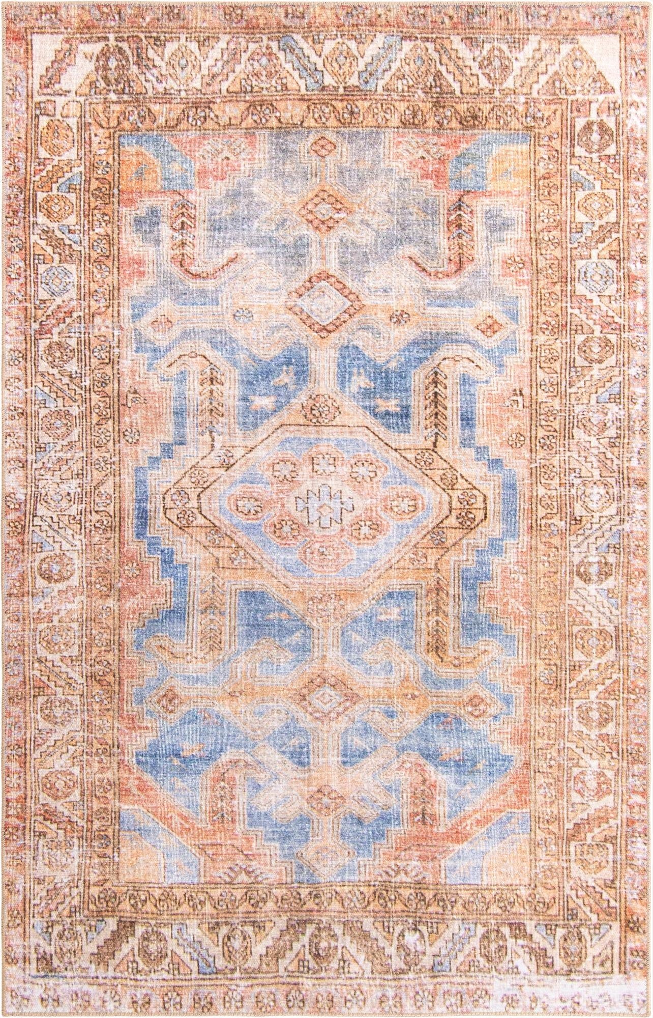 A 5x8 rectangular Rugs.com Timeless rug featuring a distressed blue, orange, and beige medallion pattern with a decorative border.