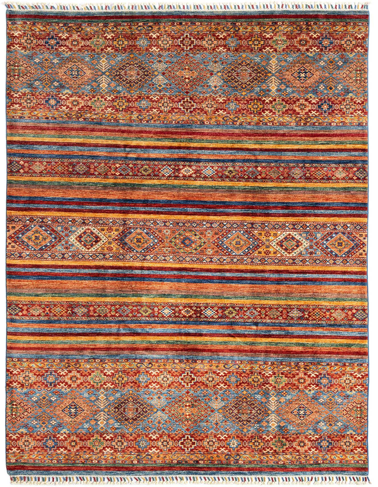 A 6x9 rectangular Torkman Persian wool rug featuring vibrant blue, red, orange, and yellow stripes with intricate geometric patterns.