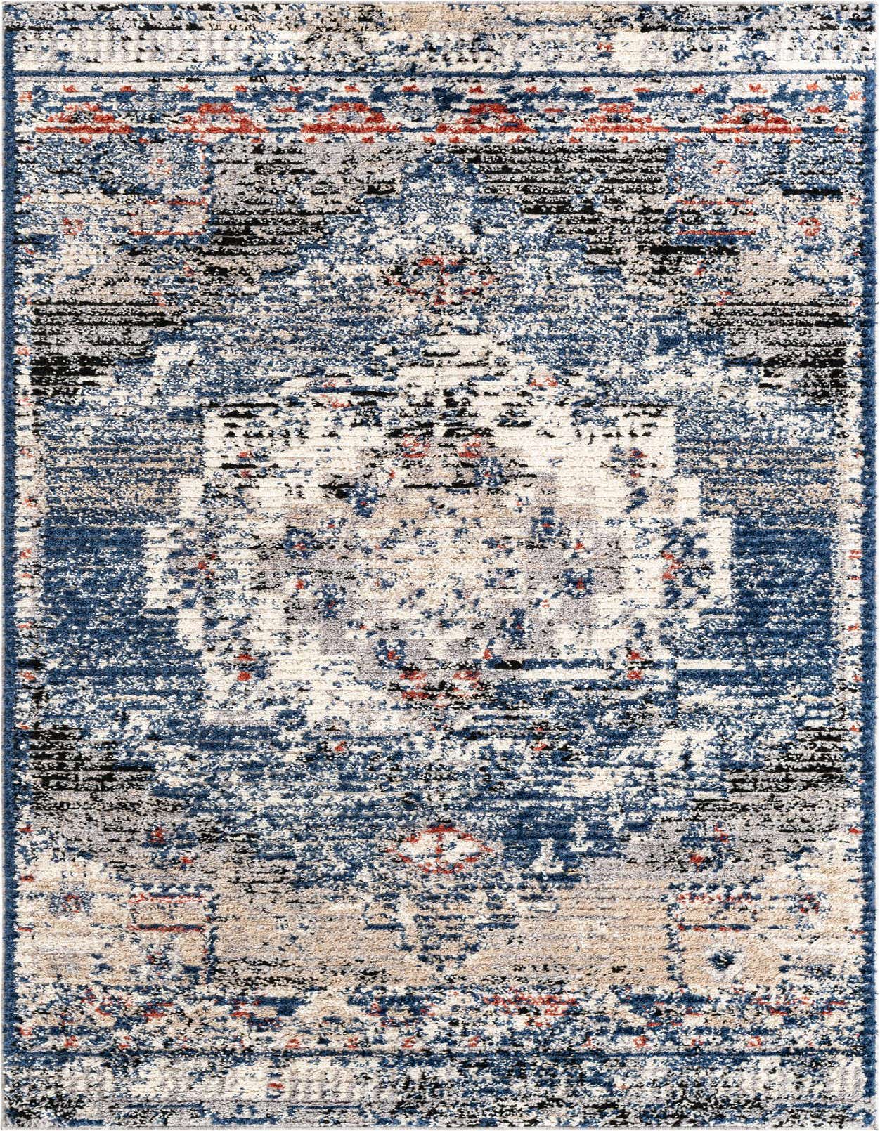 A 5x8 rectangular blue area rug with a distressed traditional medallion pattern, featuring shades of blue, beige, black, and hints of red.