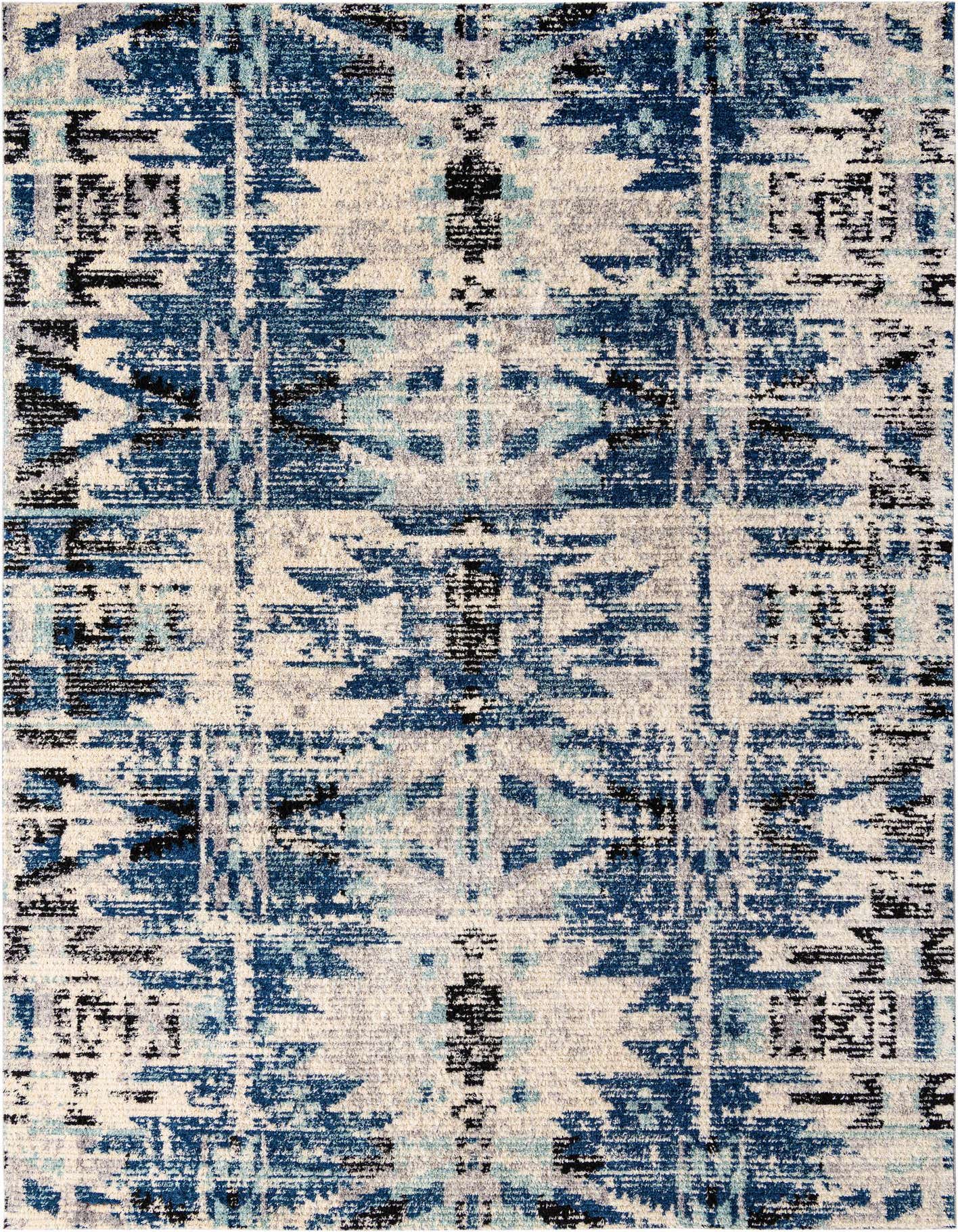 A 10x14 rectangular shag rug featuring an abstract Southwestern pattern in varying shades of blue, cream, and black.