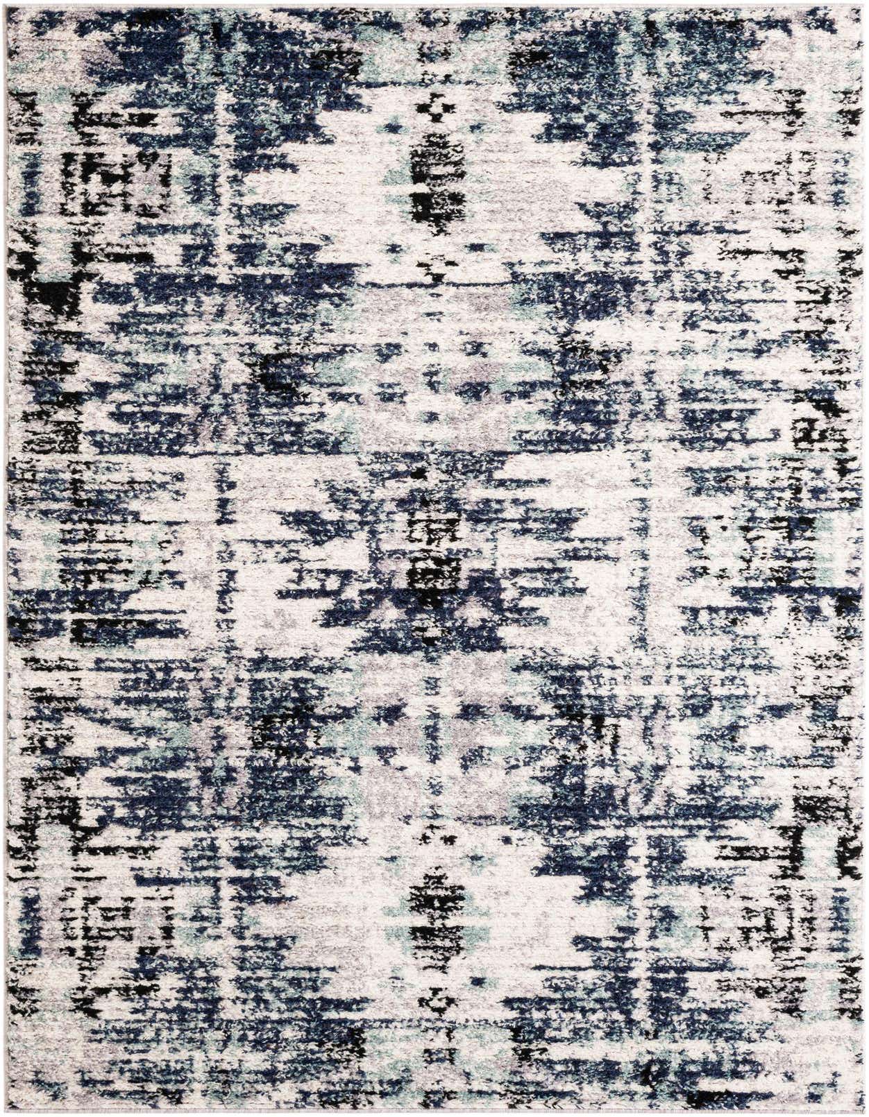 A 5x8 rectangular Rugs.com Tucson rug featuring an abstract Southwestern pattern in various shades of blue, black, and white.