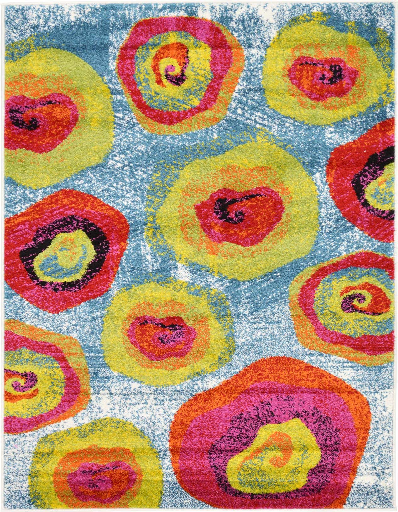 A 3x5 rectangular Rugs.com Tuscany rug featuring a vibrant blue background with large, colorful, abstract floral shapes in yellow, red, orange, and pink.
