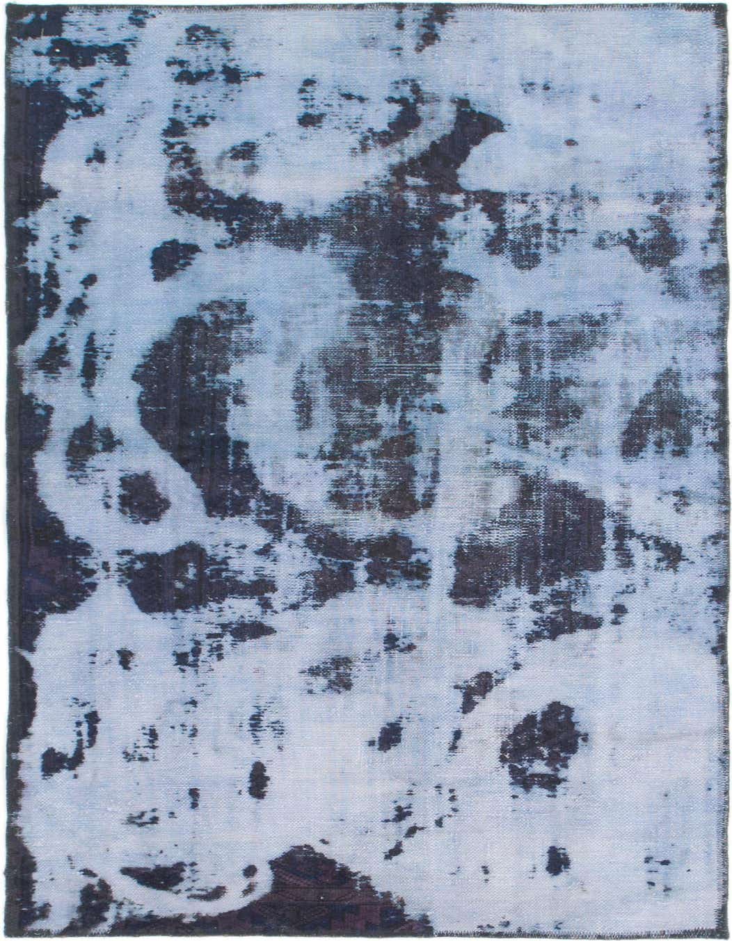 A 4x6 rectangular blue wool area rug with a distressed Persian-inspired abstract pattern, ideal for a living room.