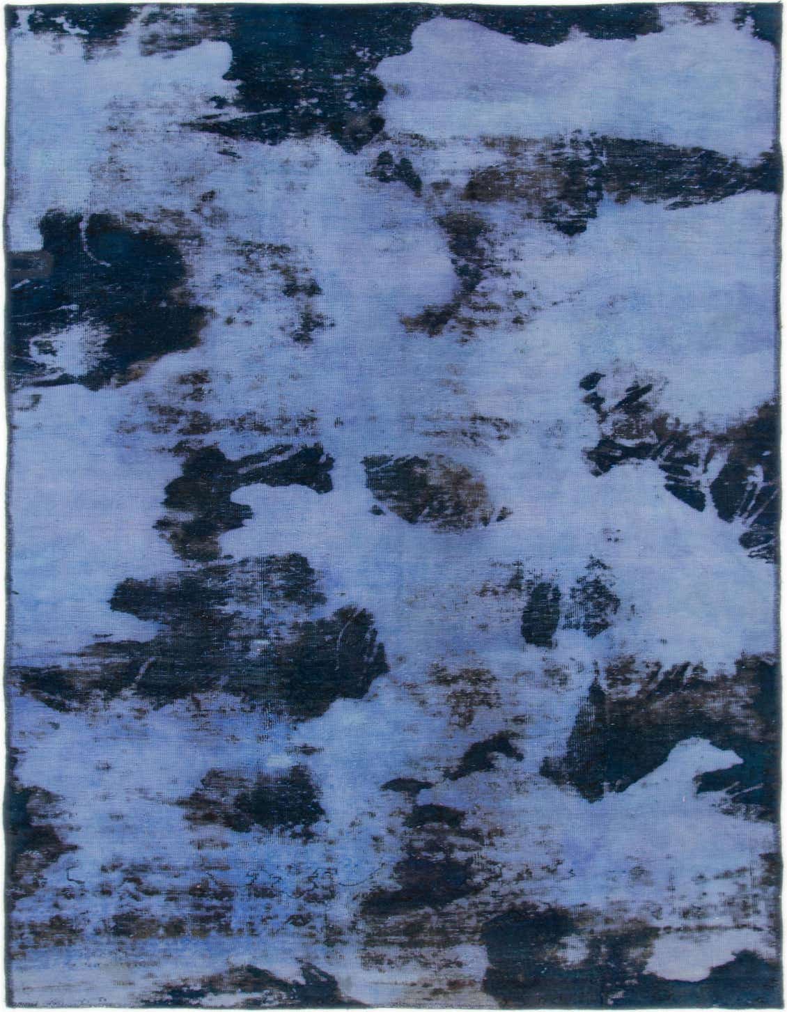 A 5x8 rectangular blue wool rug with an abstract, distressed vintage Persian pattern in varying shades of blue and hints of darker tones.