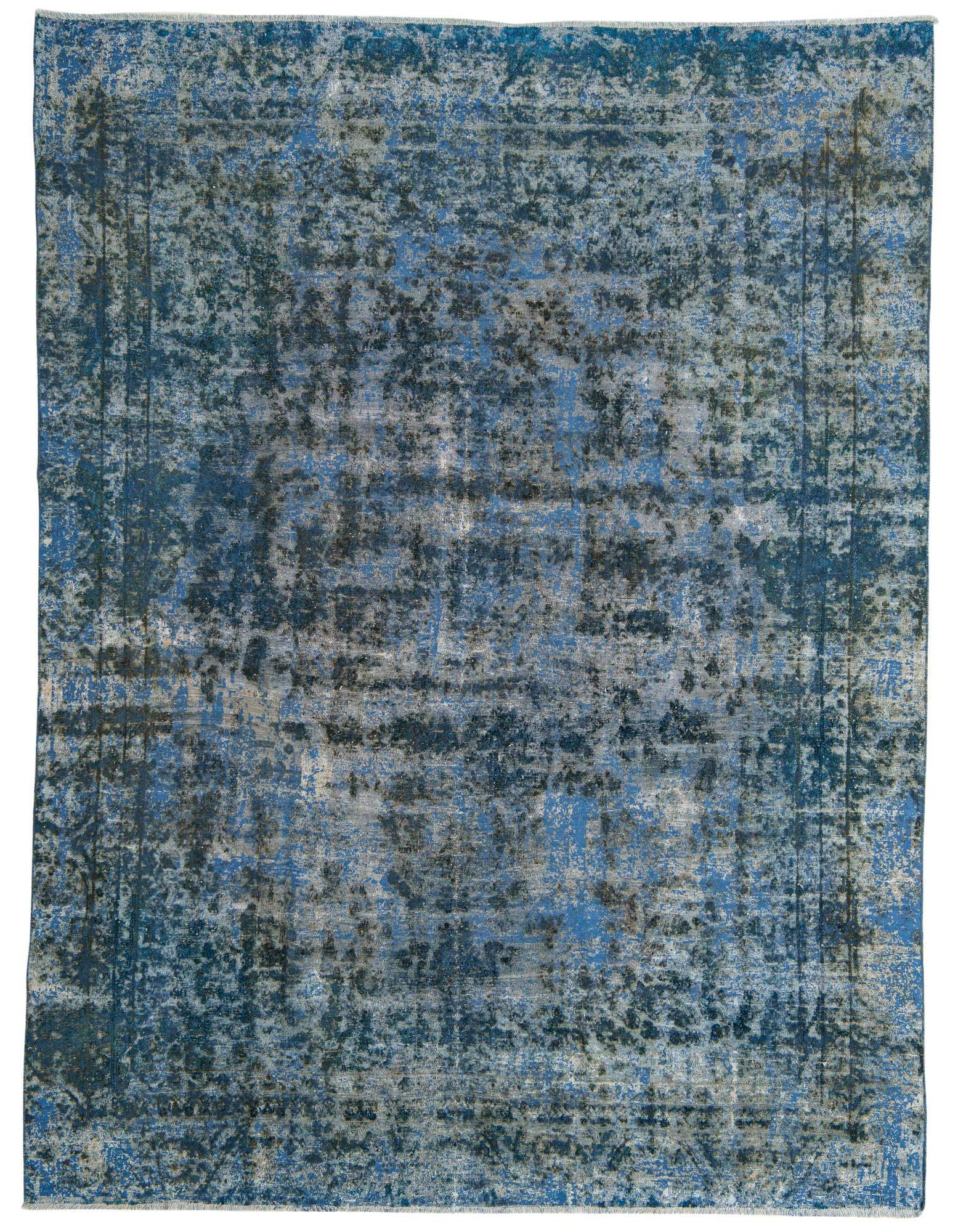An 8x11 rectangular blue and gray distressed Persian-style wool rug with a vintage look, suitable for a living room.