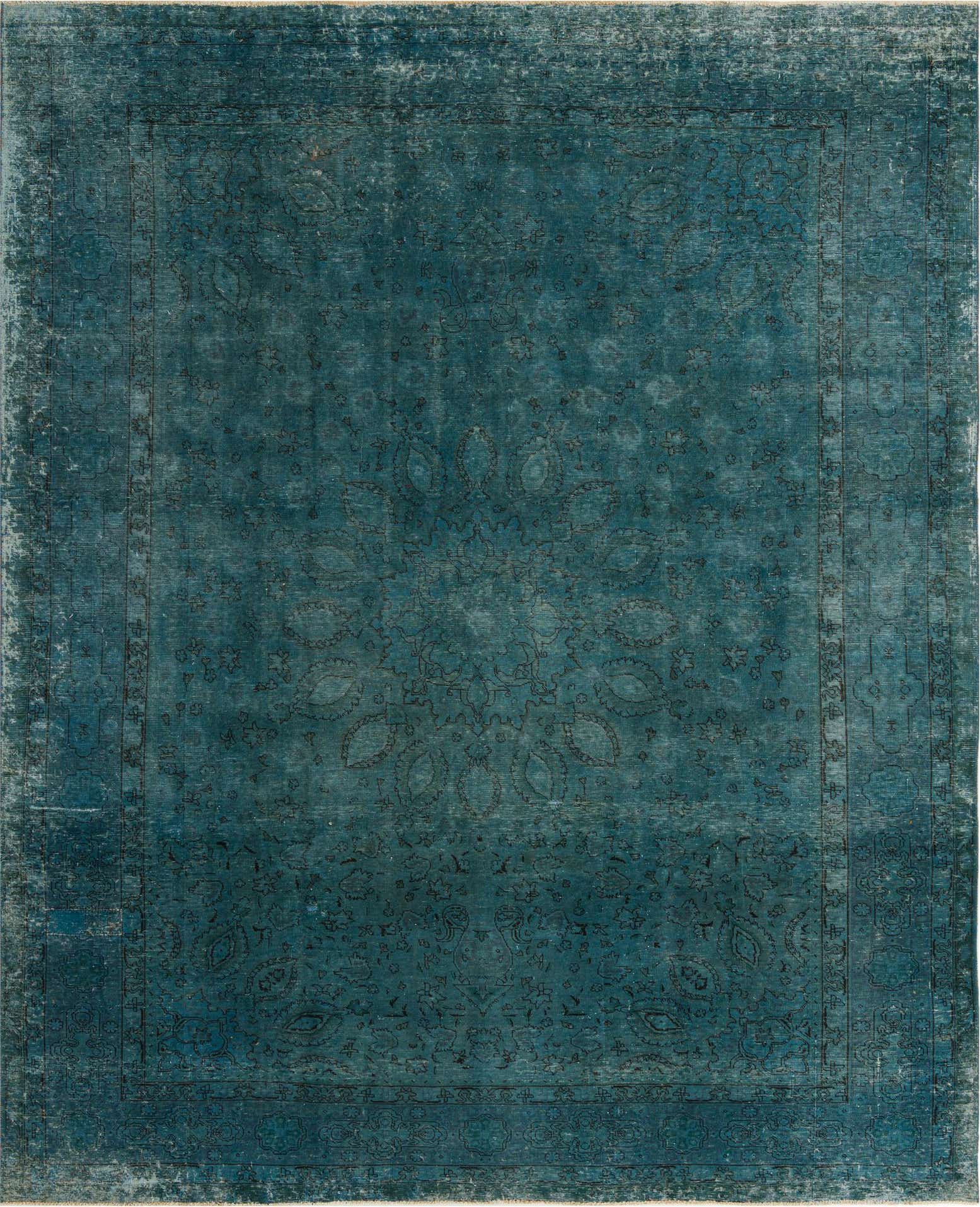 A large 10x13 rectangular blue wool rug with a faded Persian medallion and border pattern, suitable for a living room.