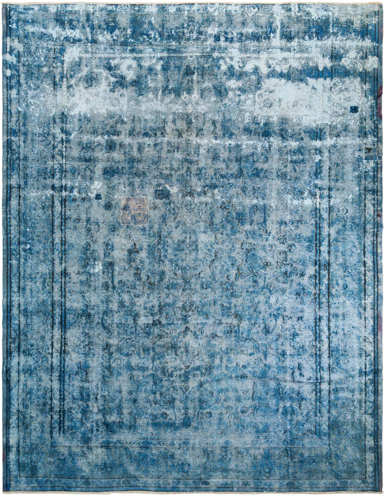 A 10x13 rectangular blue wool rug with a distressed vintage Persian medallion pattern and border.