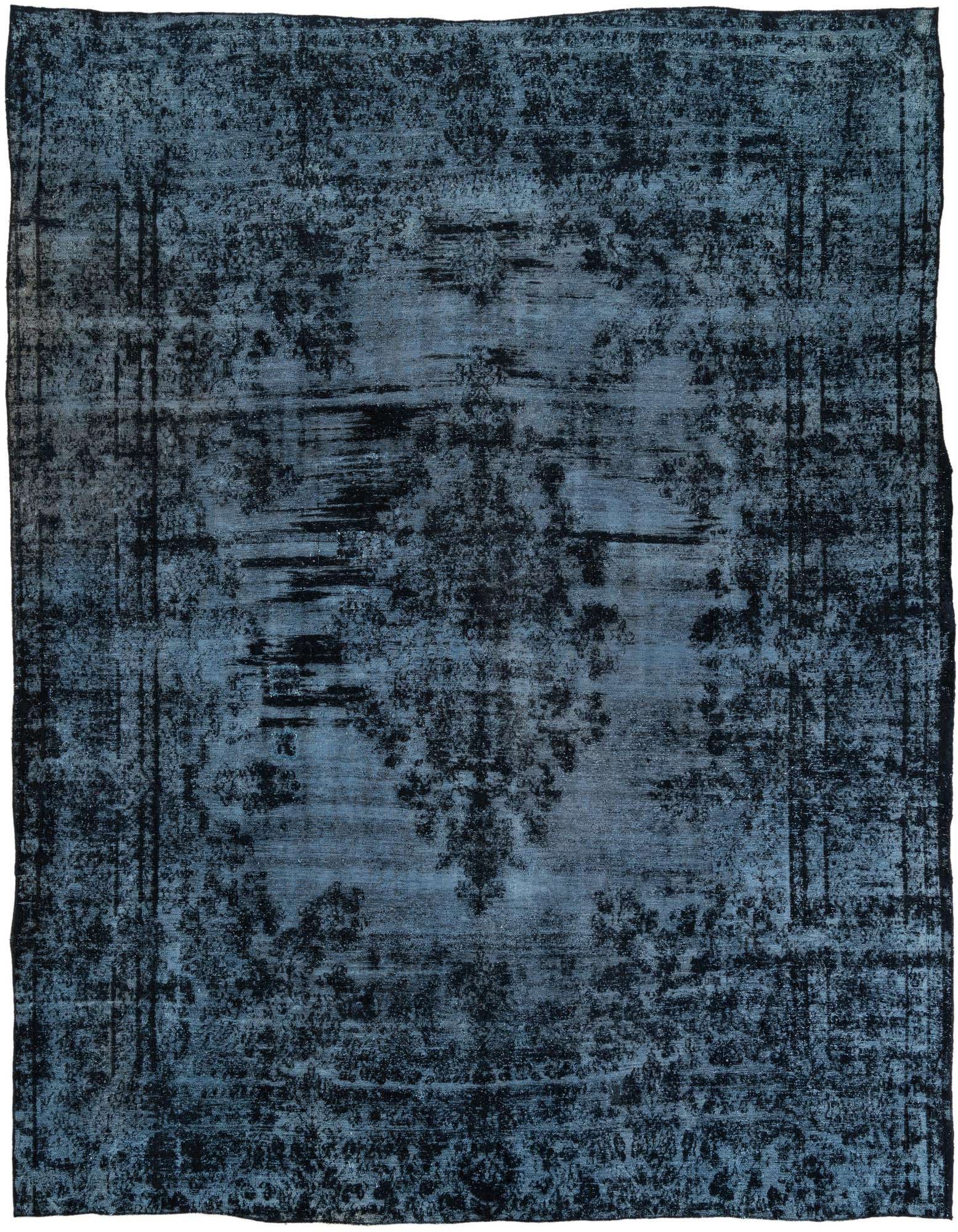 A 9x11 rectangular blue and black distressed Persian-style wool rug with a faded medallion pattern.