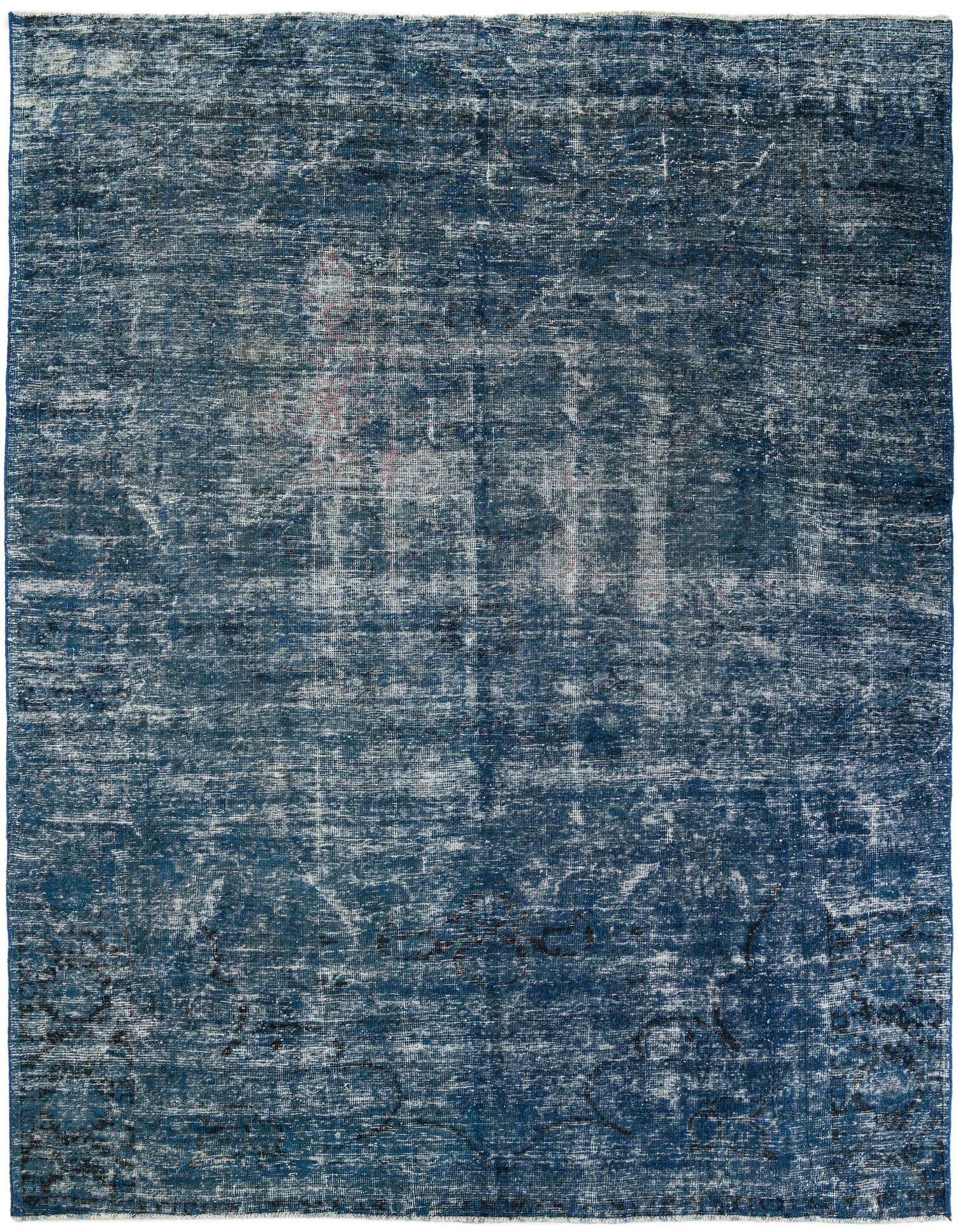 An 8x11 rectangular Ultra Vintage wool rug in shades of blue with a distressed Persian medallion pattern.