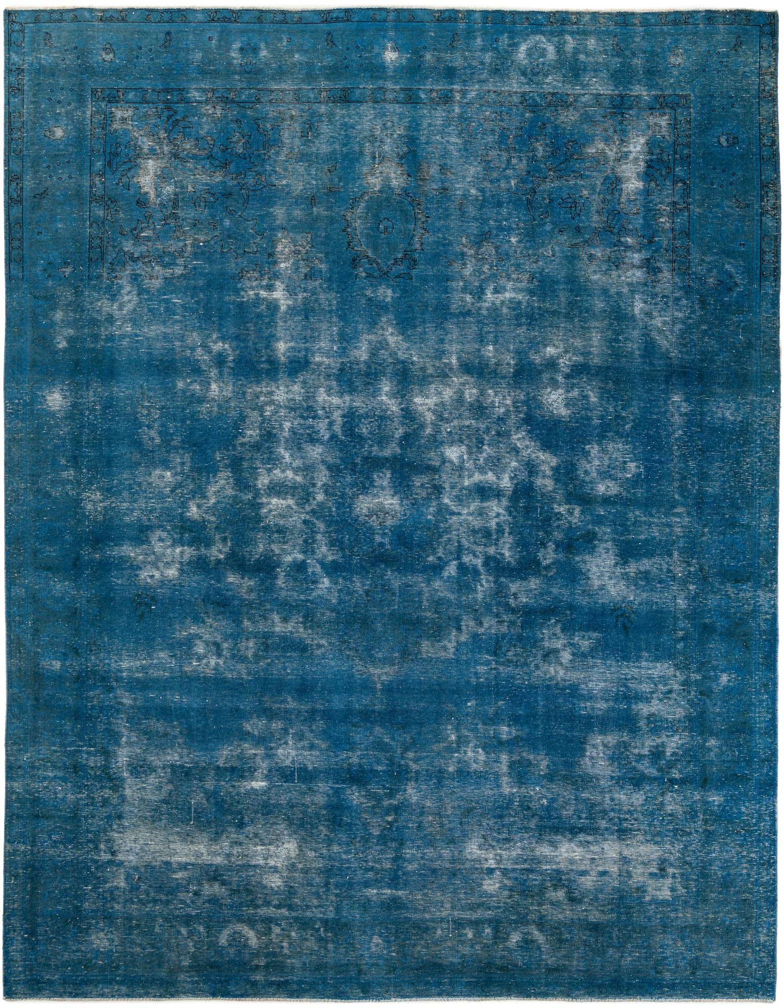 A 10x12 rectangular blue Persian rug with a faded vintage medallion pattern and distressed finish.
