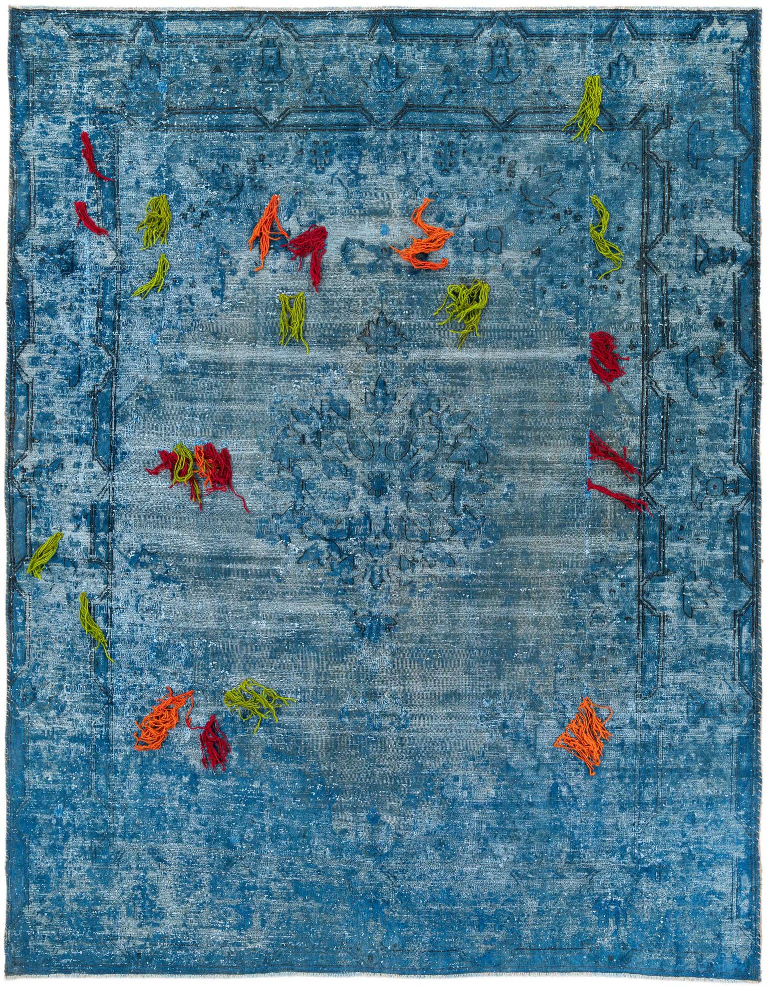An 8x11 rectangular blue vintage Persian rug with a faded medallion pattern and colorful red, orange, and lime green yarn accents.