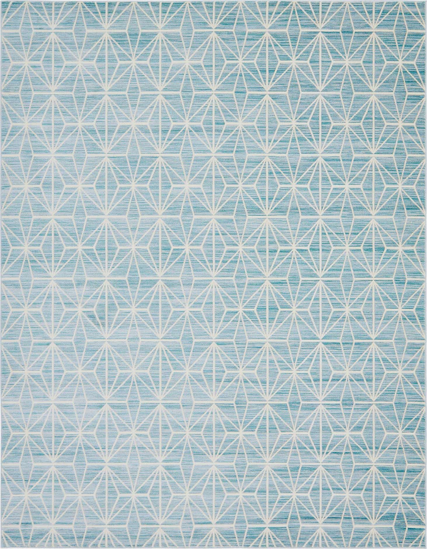 A 9x12 rectangular blue area rug with a repeating white geometric diamond pattern, suitable for a modern living room.