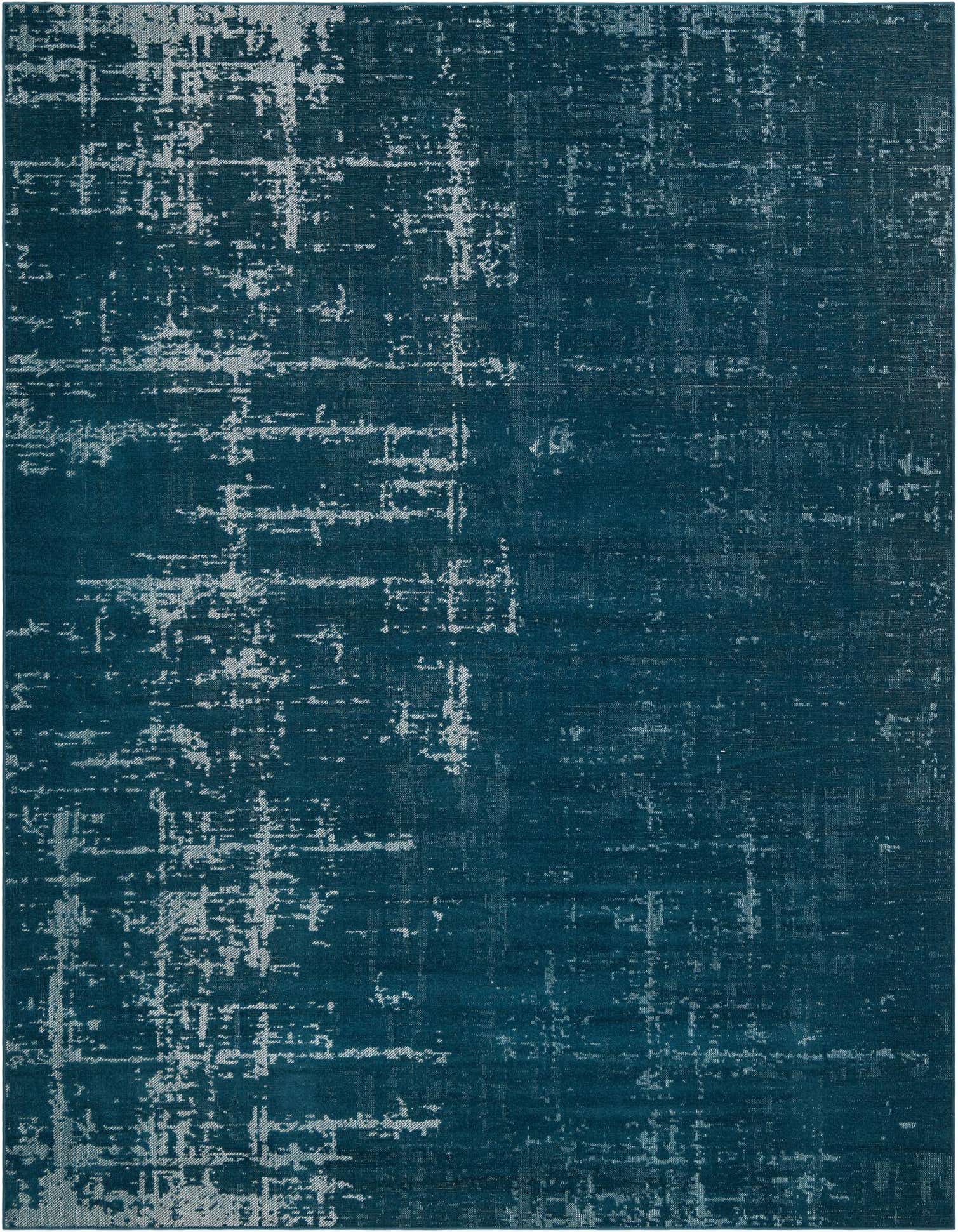 A 9x12 rectangular Rugs.com Valencia rug in deep blue with a distressed, abstract white pattern, suitable for a living room.