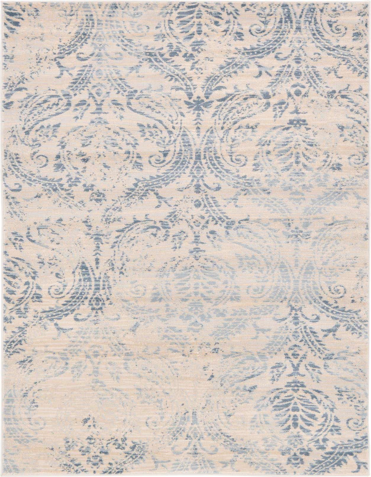 A 3x5 rectangular rug featuring a faded blue bohemian and traditional floral pattern on a light cream background.