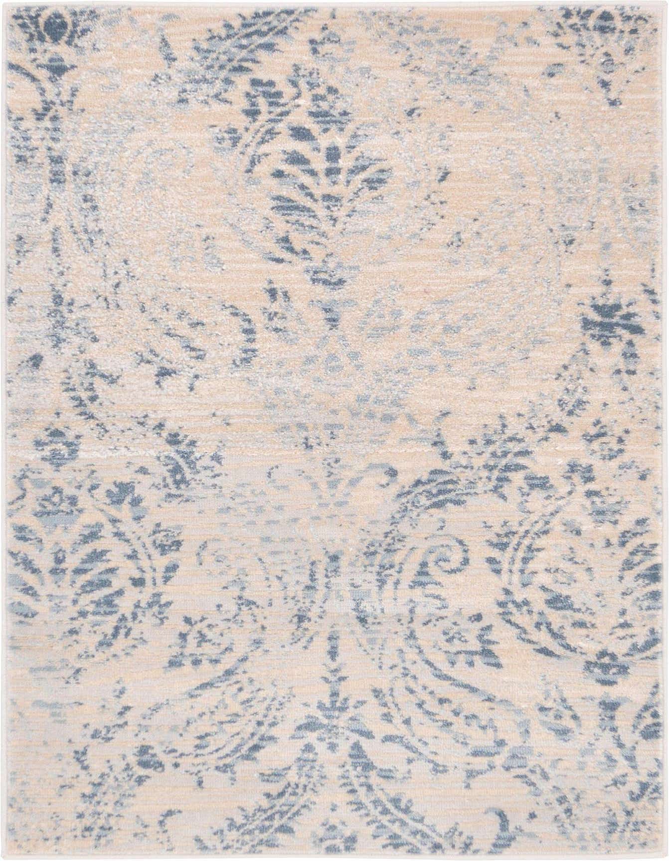 A 2x3 rectangular Rugs.com Victoria rug with a distressed bohemian floral pattern in shades of blue on a cream background.