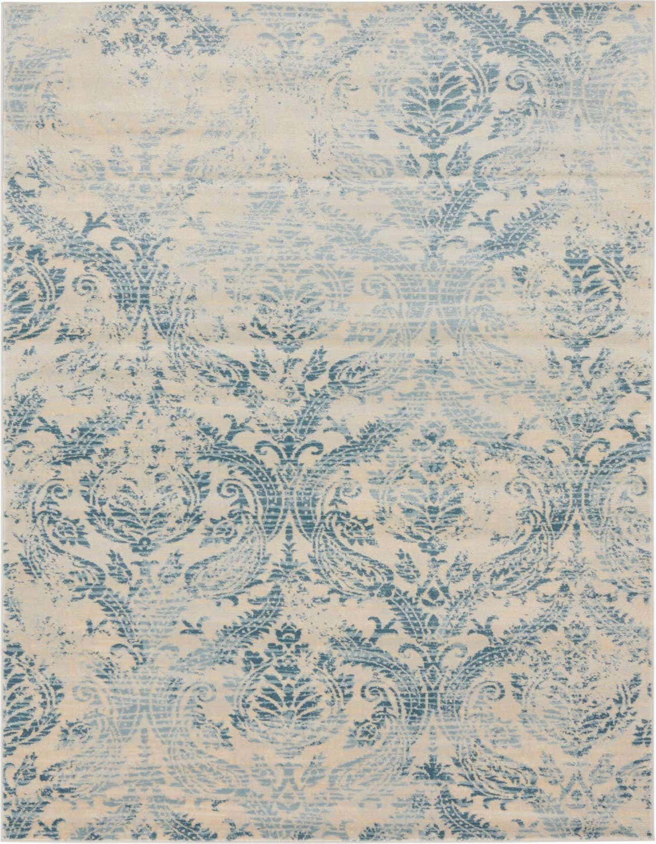 A 4x6 rectangular indoor rug featuring a distressed blue and cream bohemian floral pattern, ideal for a living room.
