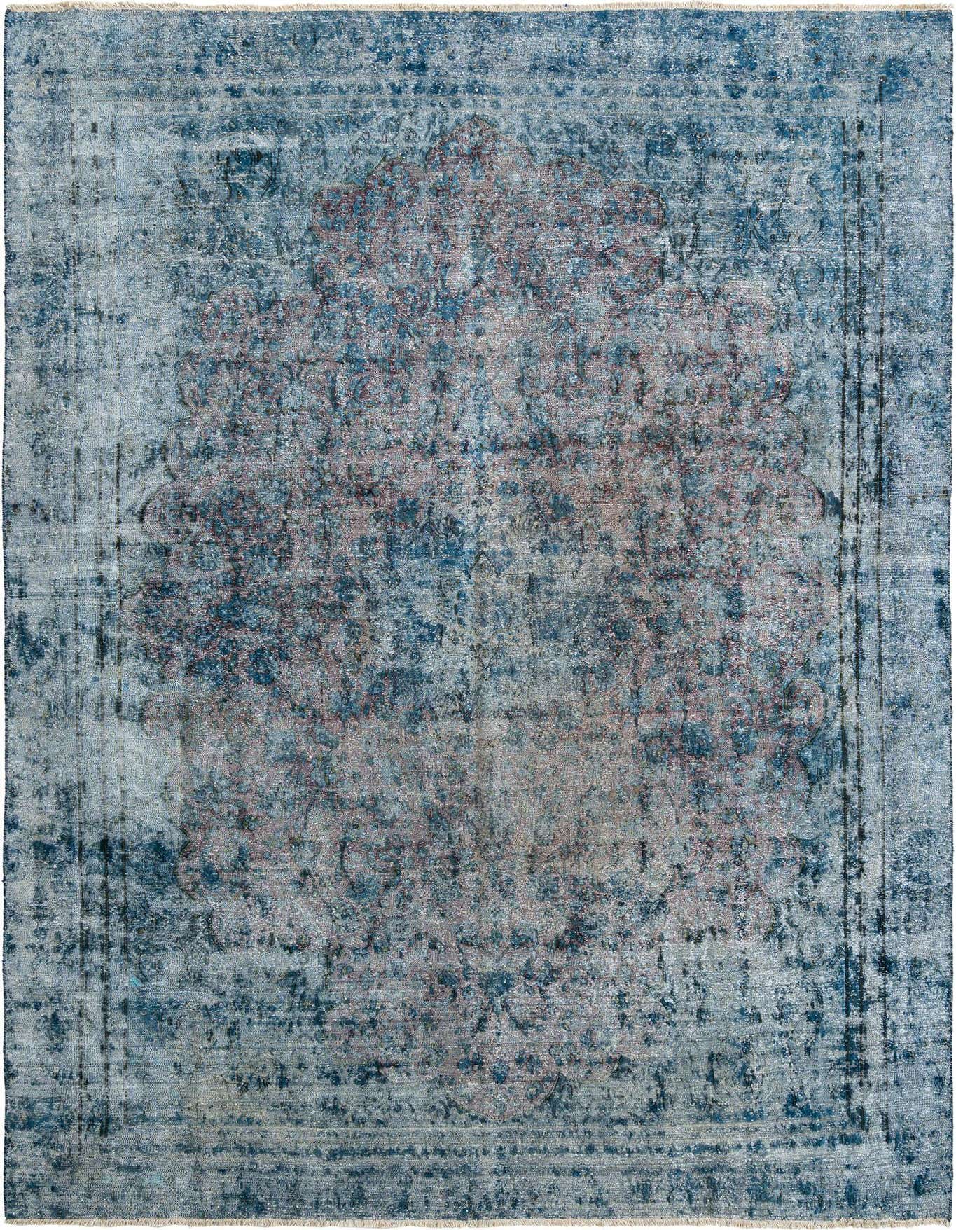 An 8x11 rectangular blue Persian wool rug with a faded, distressed traditional pattern and a medium pile.