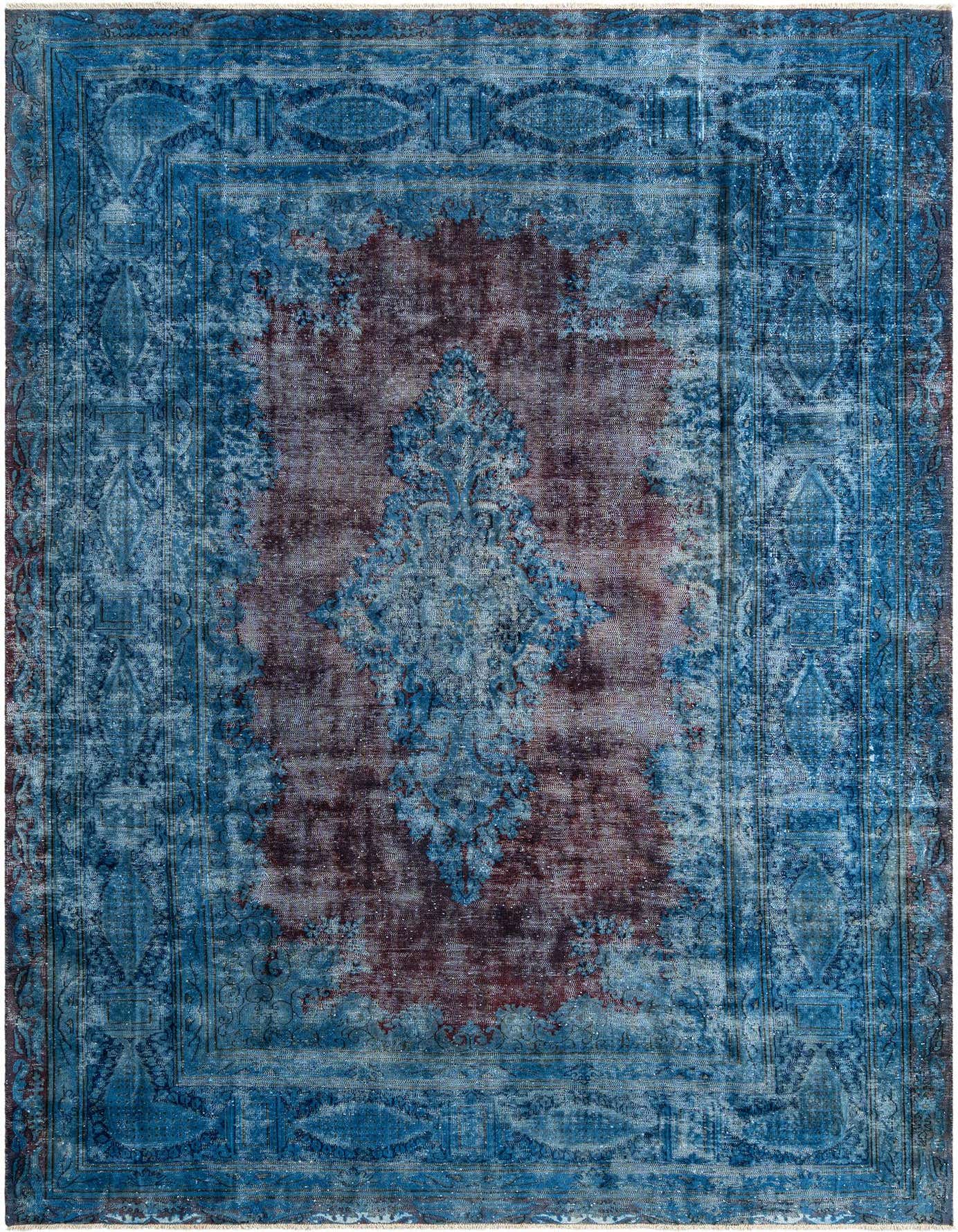 A rectangular 8x11 blue Persian area rug with a distressed look and a central medallion in a living room setting.