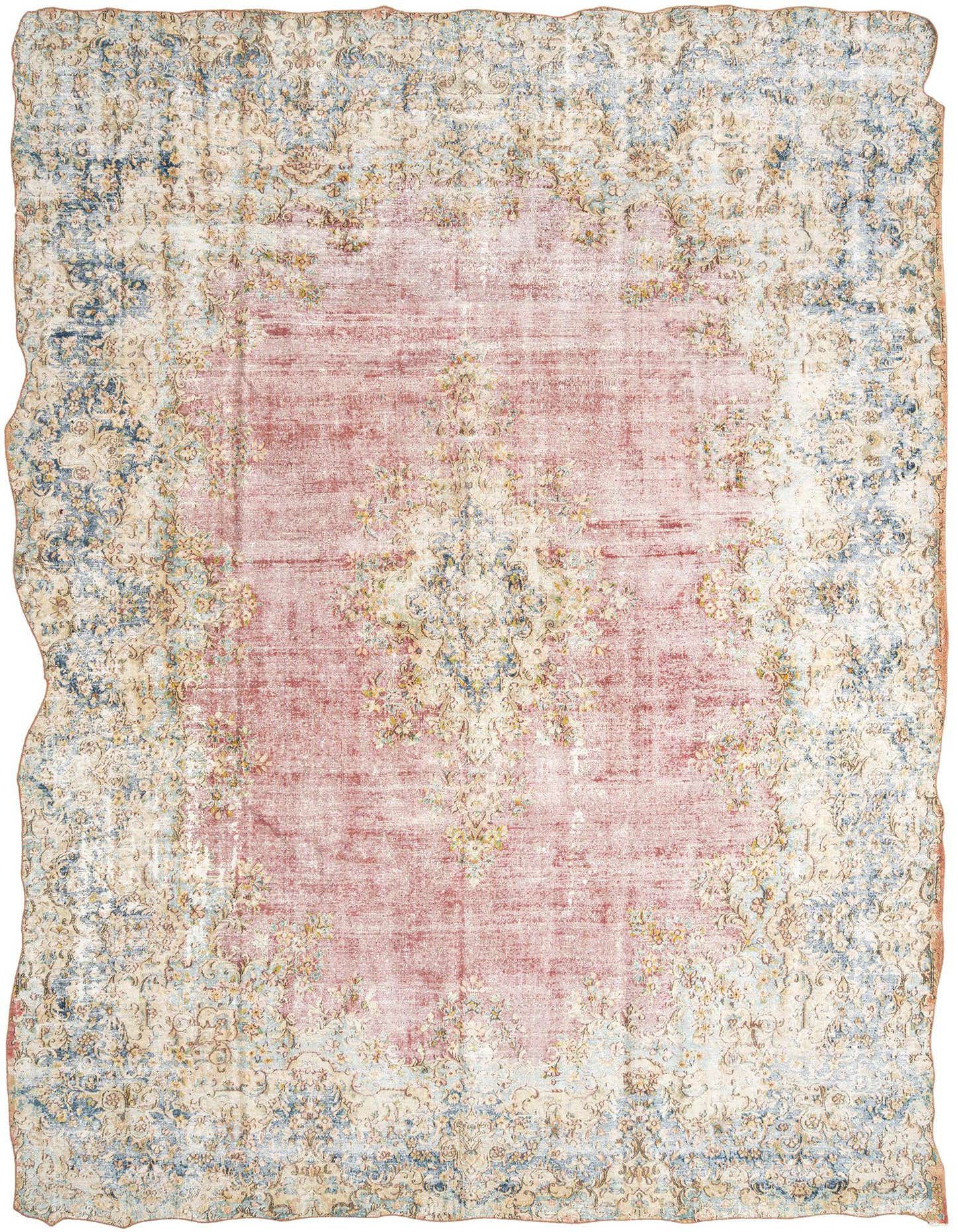A 9x12 rectangular Rugs.com Vintage Royal Persian rug with a faded blue and red distressed pattern, ideal for a living room.