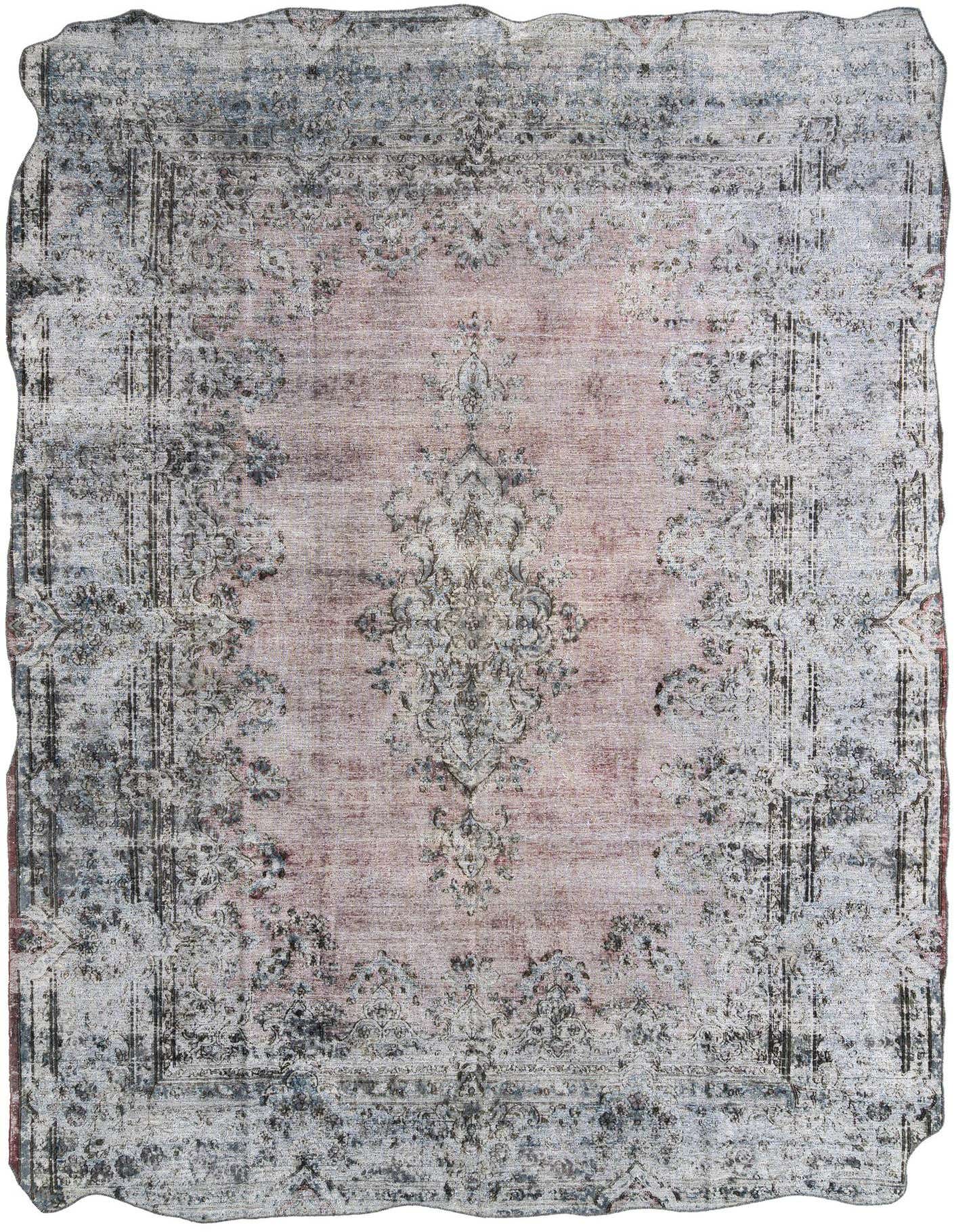 A 10x13 rectangular blue Persian rug with an ornate, distressed floral pattern and a medium pile.