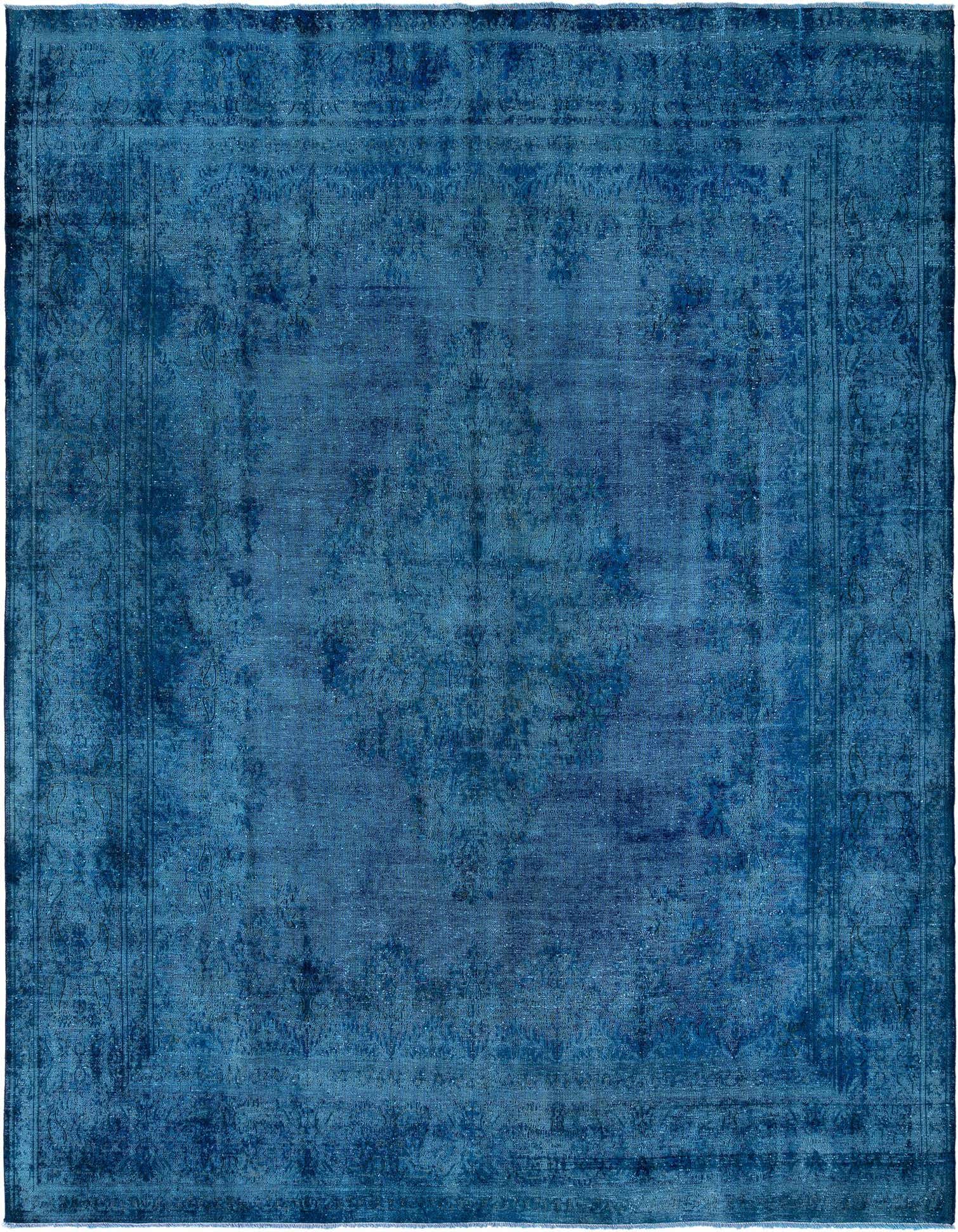 A 10x13 rectangular blue Persian wool rug with a distressed vintage pattern and medium pile.