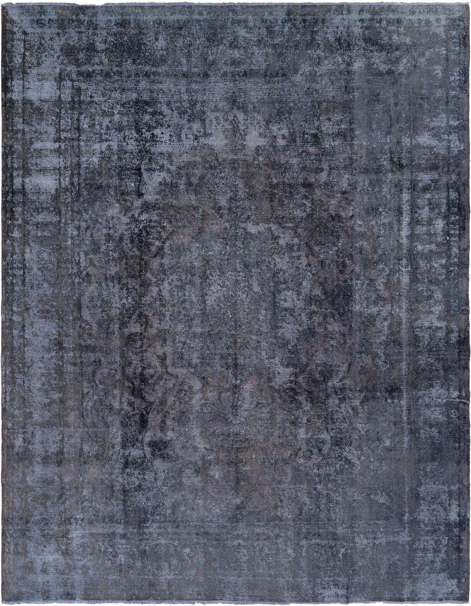 A 10x13 rectangular blue Persian area rug with a distressed vintage pattern, handmade from wool.