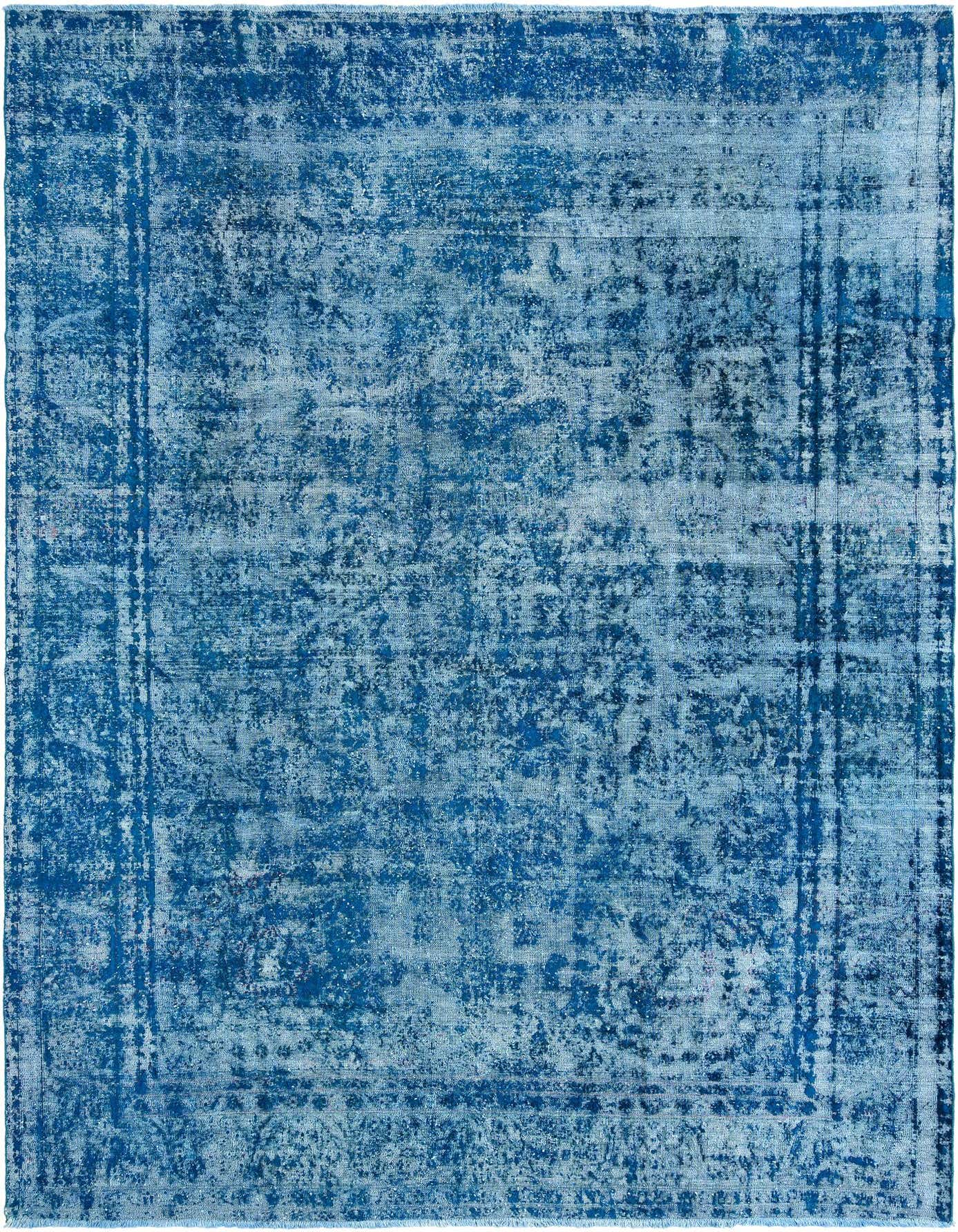 A 9x12 rectangular Rugs.com Vintage Royal blue Persian wool rug with a distressed pattern, suitable for a living room.