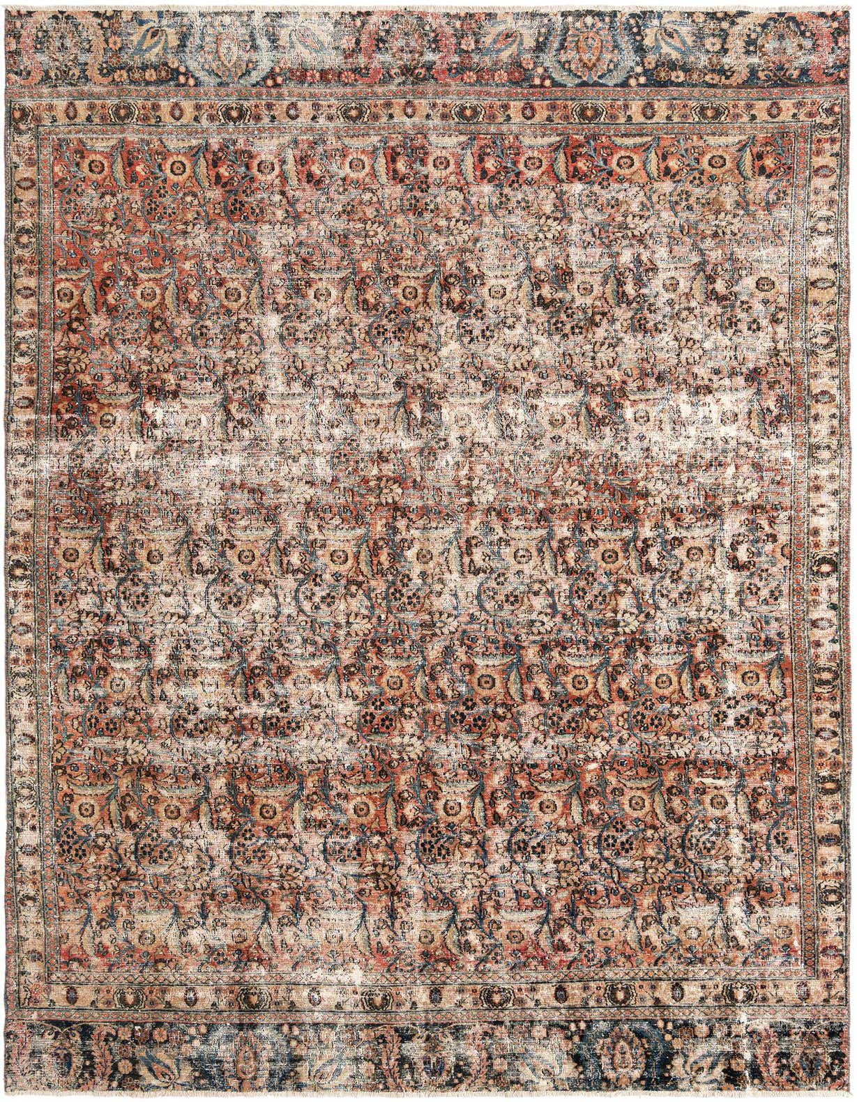 An 8x11 rectangular Persian wool rug featuring an intricate, distressed pattern in shades of blue, rust, and beige.