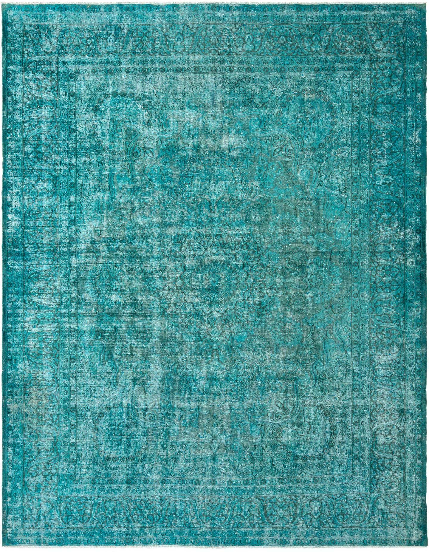 A 10x13 rectangular blue Persian area rug with a distressed vintage look and intricate floral patterns.