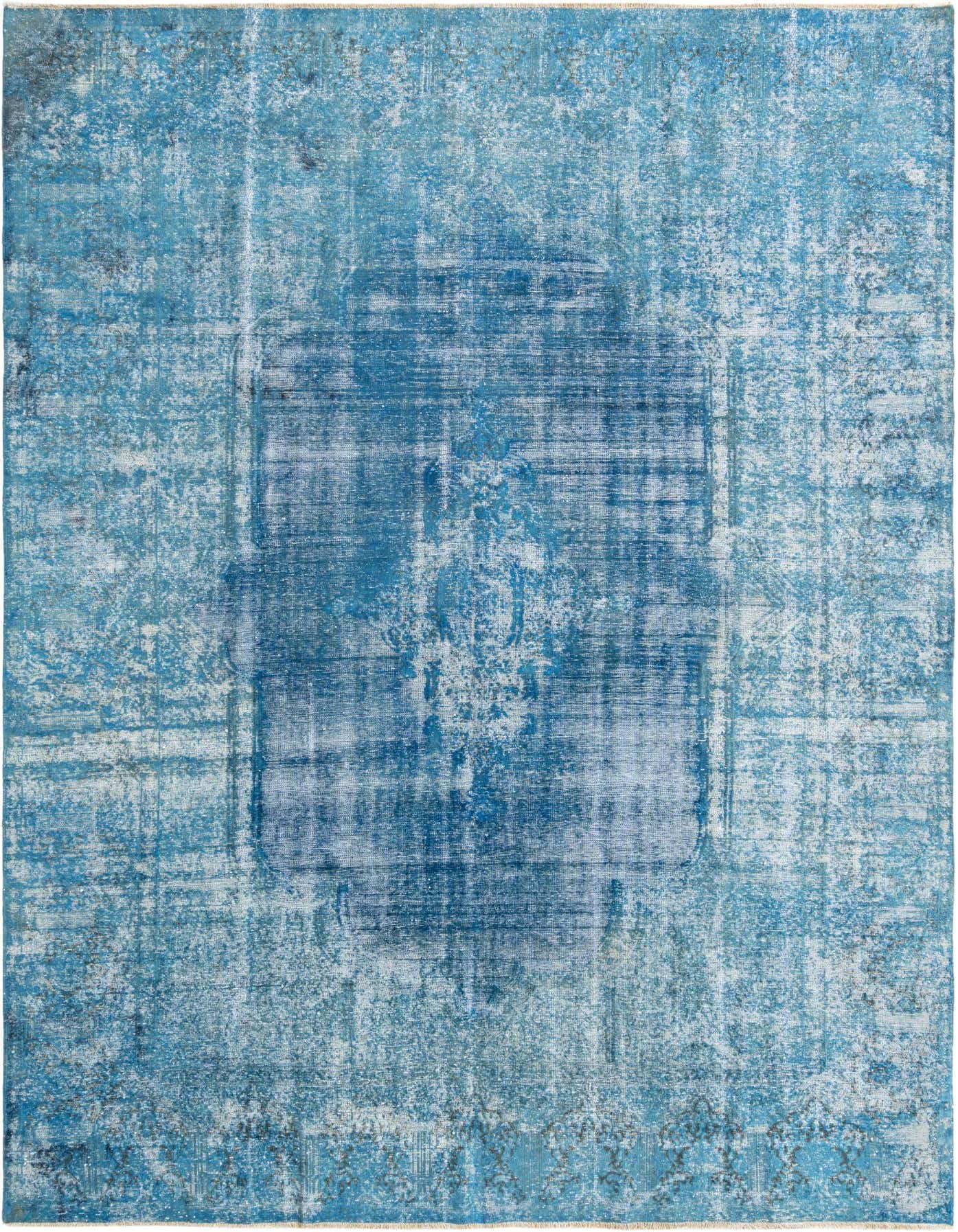 A 9x12 rectangular blue Persian rug with a distressed, vintage-inspired pattern and a medium pile.