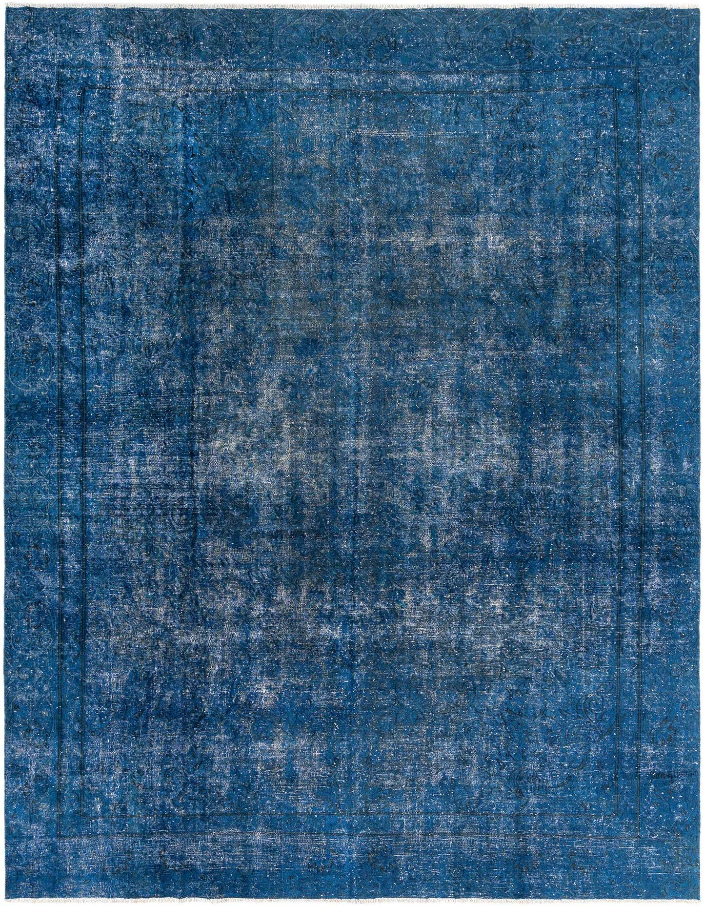 A 9x12 rectangular blue Persian wool rug with a distressed, vintage look, suitable for a living room.