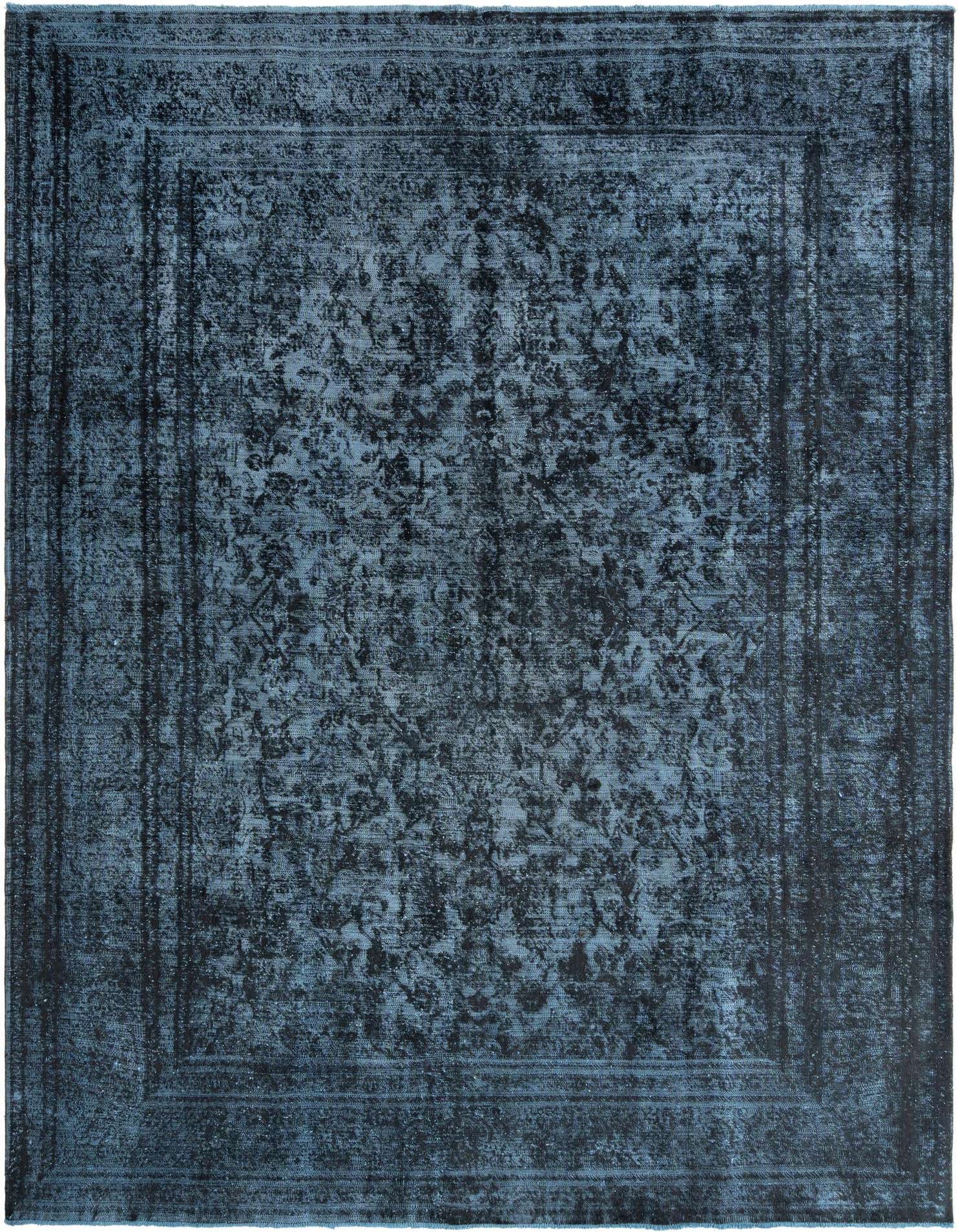 A 9x12 rectangular blue Persian wool rug with a distressed traditional floral pattern and border.
