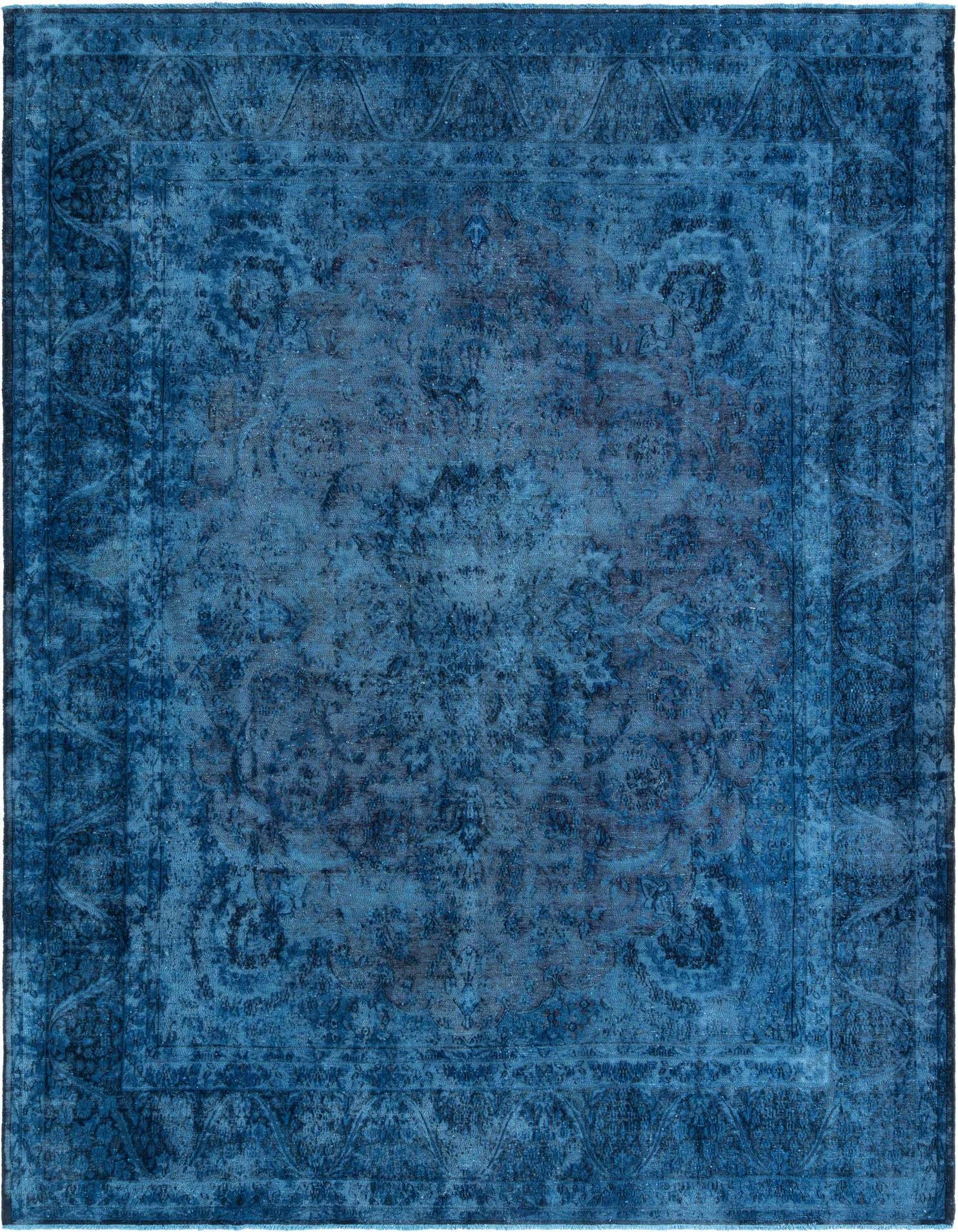 A 10x13 rectangular blue Persian wool rug with a distressed traditional pattern and a medium pile.
