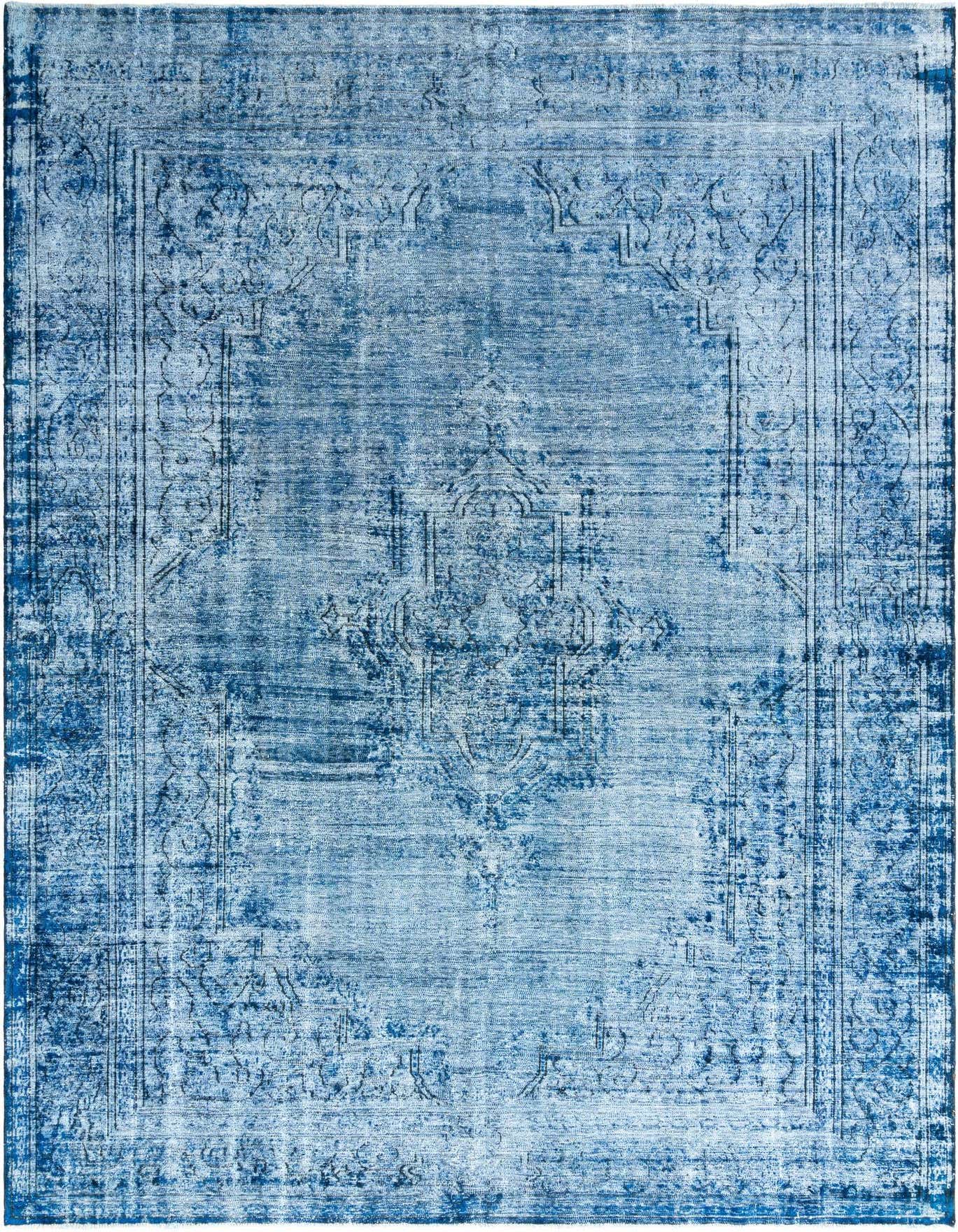 A 10x14 rectangular blue Persian-style wool rug with a distressed vintage pattern, suitable for indoor living spaces.