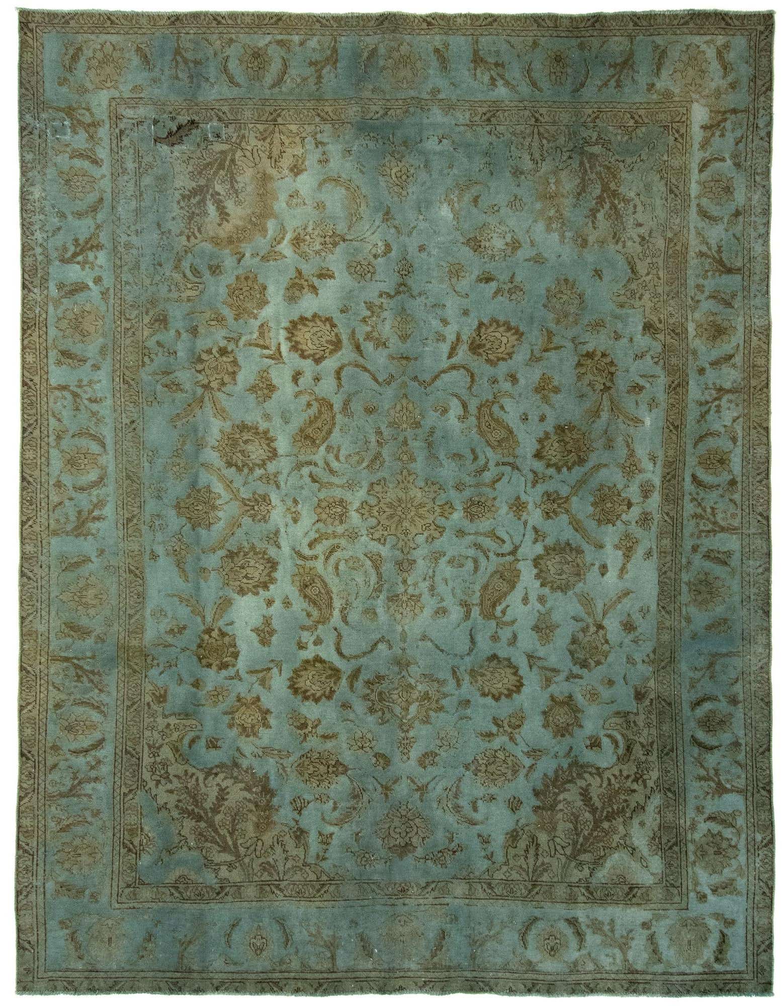 A 9x12 rectangular Vintage Royal Persian rug in faded blue with intricate brown floral and paisley patterns, suitable for a living room.