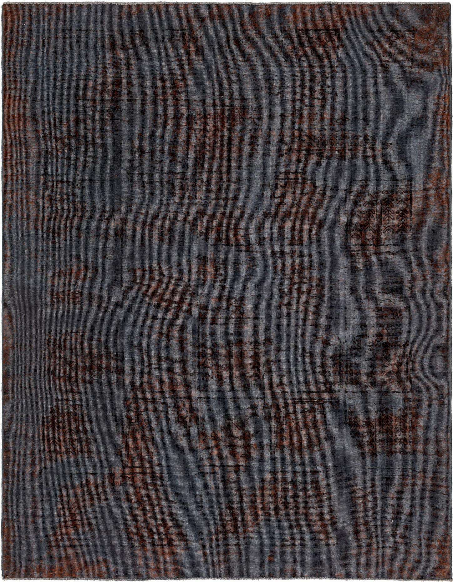 A 4x6 rectangular blue Persian wool rug with a distressed, faded traditional pattern in shades of rust and brown.