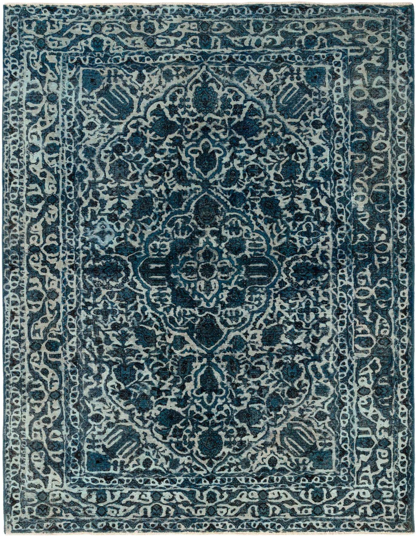 A 6x9 rectangular blue Persian wool rug with an intricate faded floral and medallion pattern, ideal for a living room.