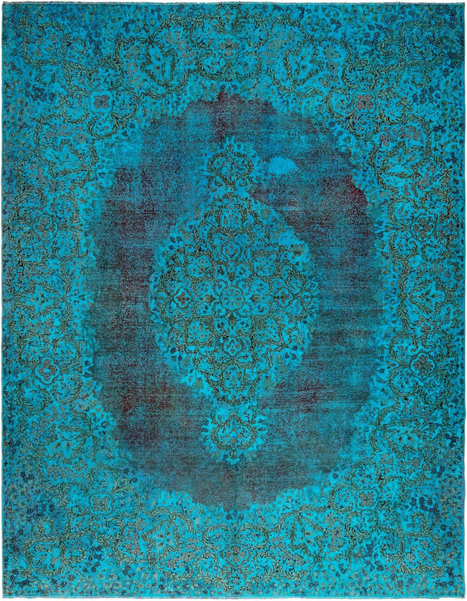 A 9x12 rectangular blue Persian rug with an ornate, distressed floral pattern in shades of blue and hints of brown, suitable for a living room.
