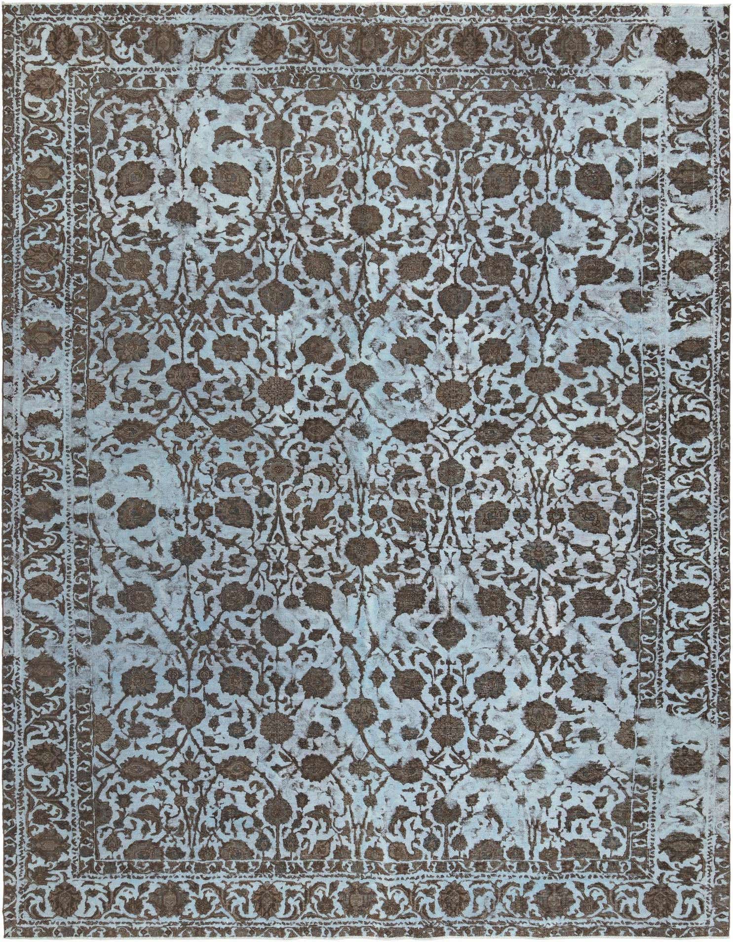 A 9x12 rectangular Persian rug with a faded light blue background and intricate dark brown floral patterns and borders.
