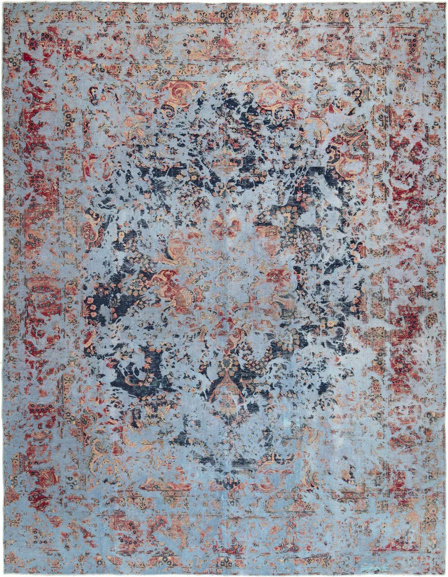 A 9x12 rectangular Rugs.com Vintage Royal Persian rug in shades of blue with distressed red and gold accents, suitable for a living room.