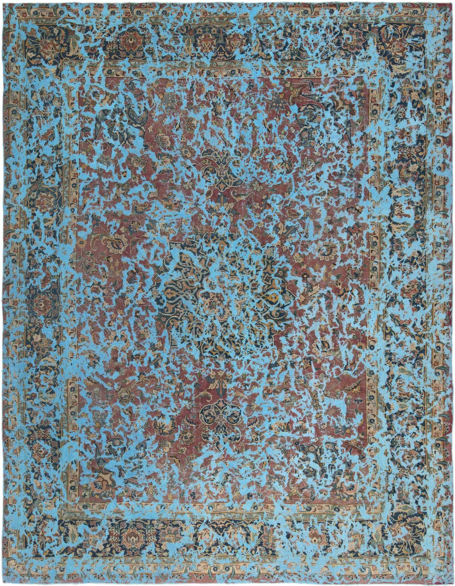 A 10x12 rectangular Rugs.com Vintage Royal Persian rug in blue and red, featuring a distressed, antique-inspired pattern.