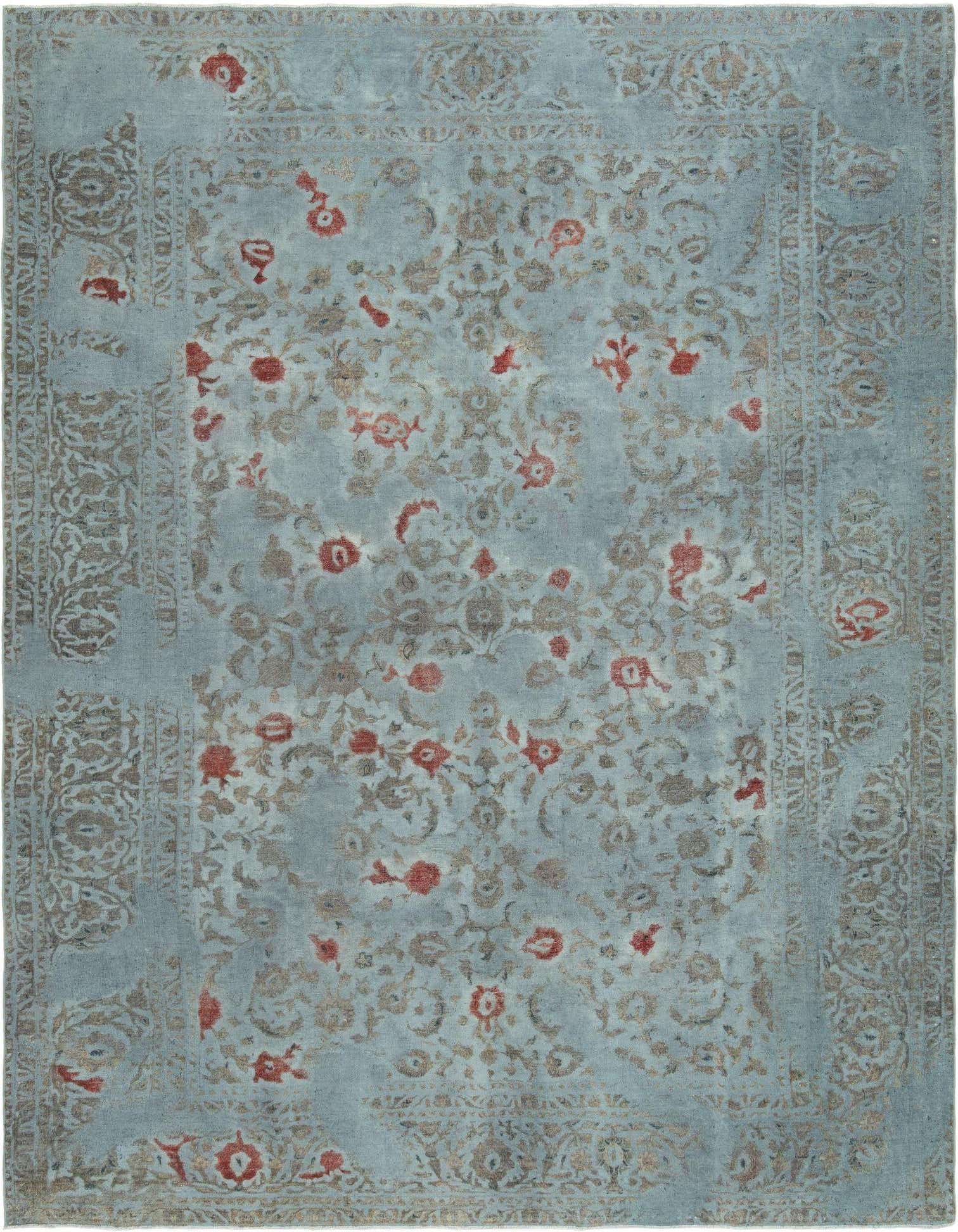 A 10x12 rectangular blue Persian rug with a distressed floral pattern in red and beige, suitable for an indoor living space.