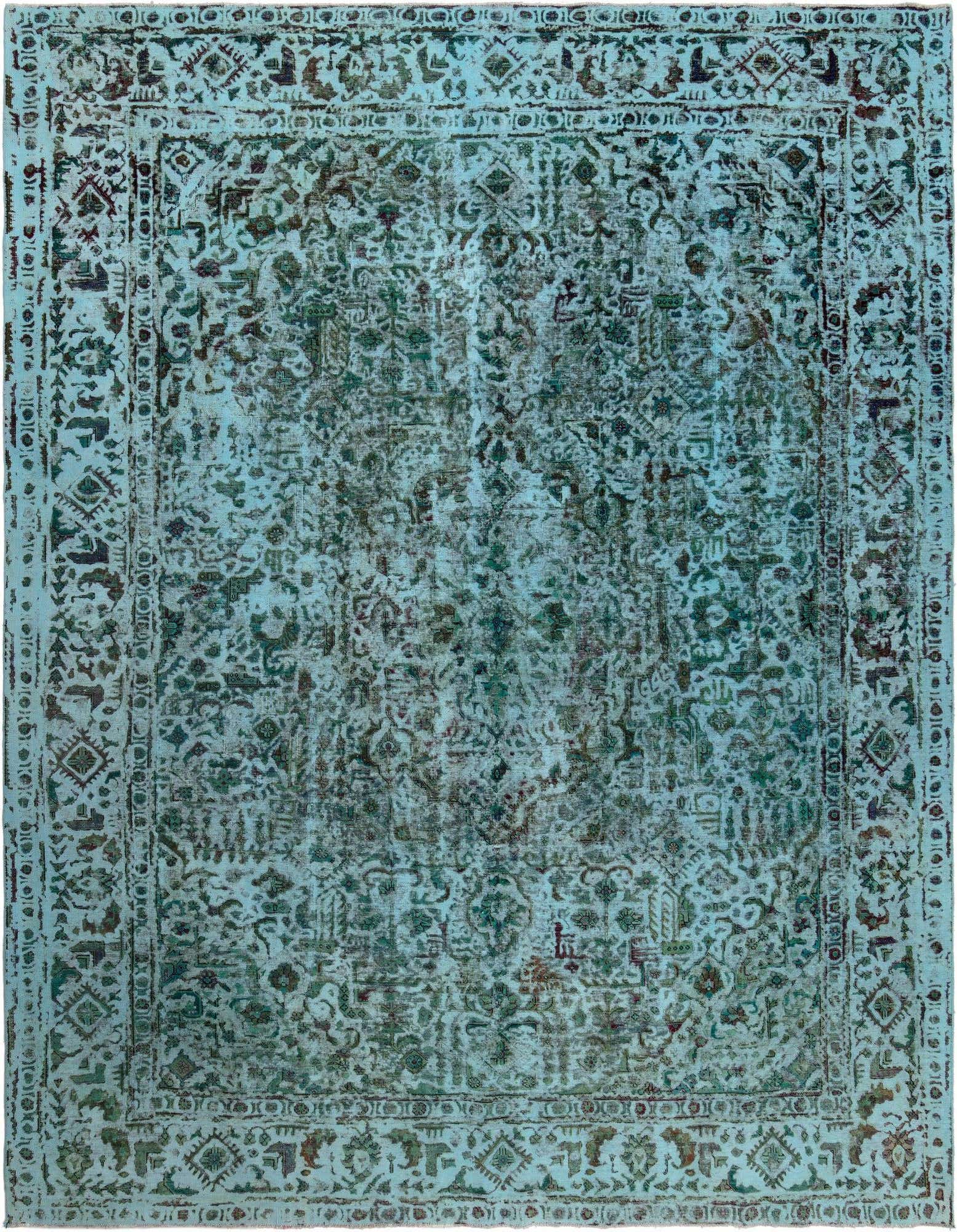 A 9x12 rectangular blue Persian rug with a faded, distressed pattern and intricate border, suitable for a living room.