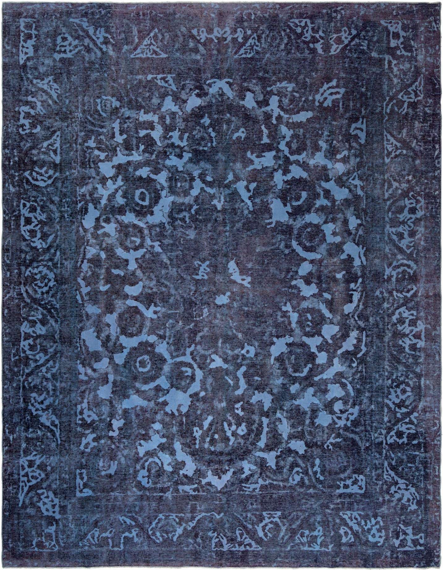 A 9x12 rectangular blue Persian wool rug with a distressed, ornate floral and medallion pattern.