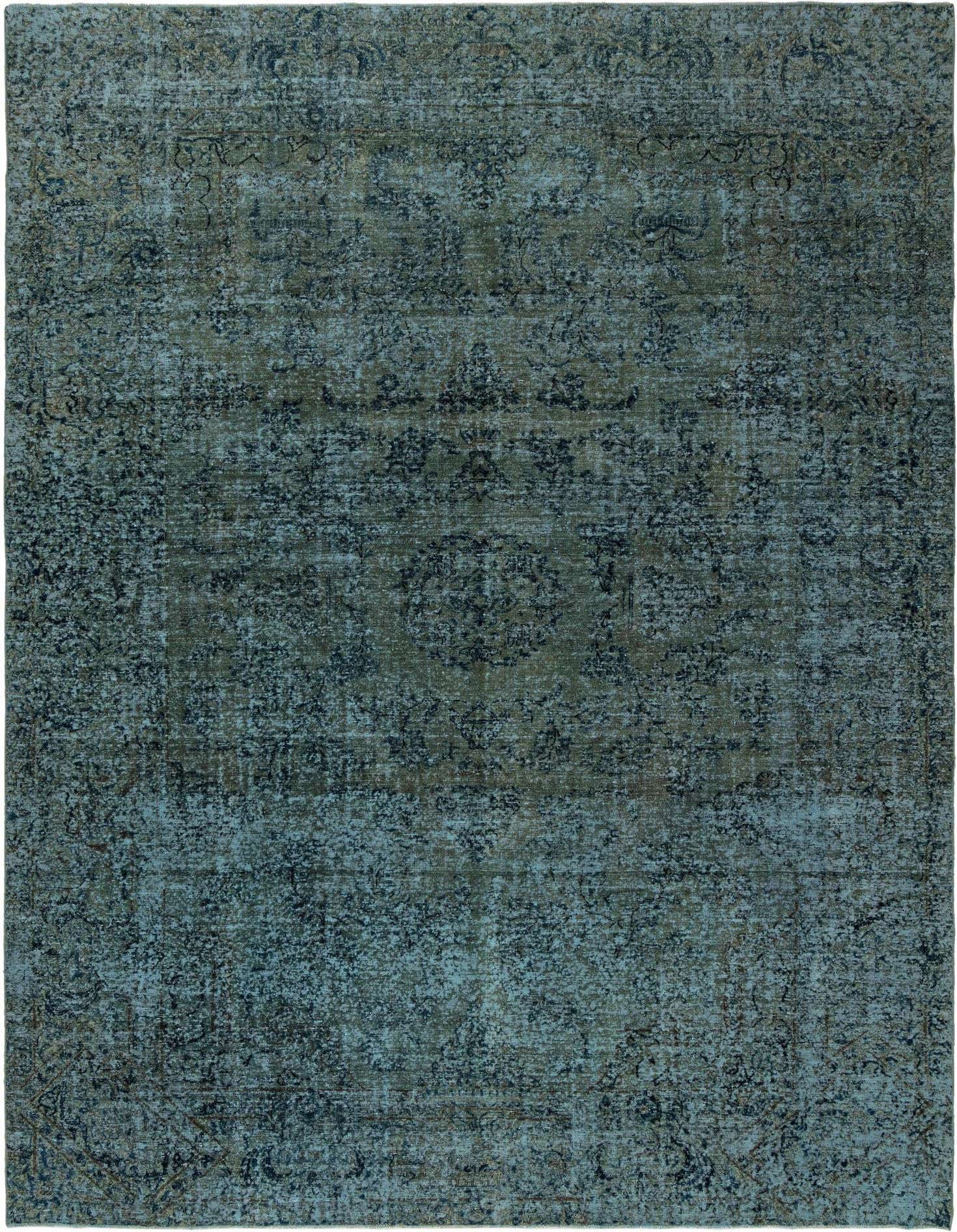 A 9x12 rectangular Rugs.com Vintage Royal Persian rug in varying shades of blue, featuring a distressed traditional pattern.
