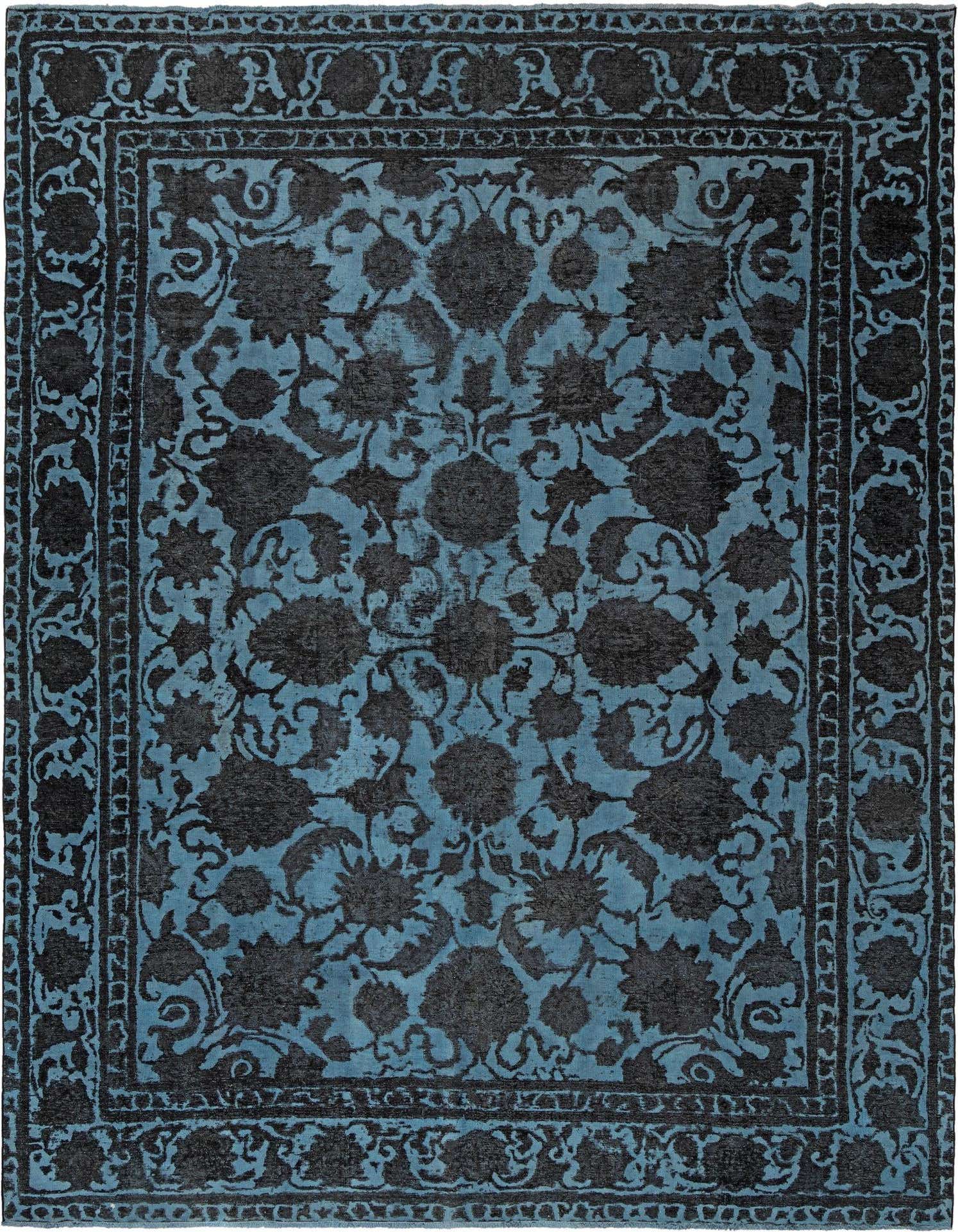 A 9x12 rectangular Persian rug in varying shades of blue, featuring an intricate floral and vine pattern with a detailed border.
