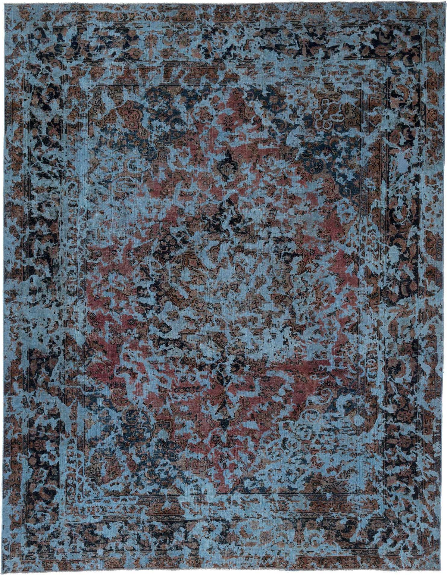 A rectangular 8x11 Vintage Royal Persian rug in shades of blue with distressed black and rust-colored traditional patterns.