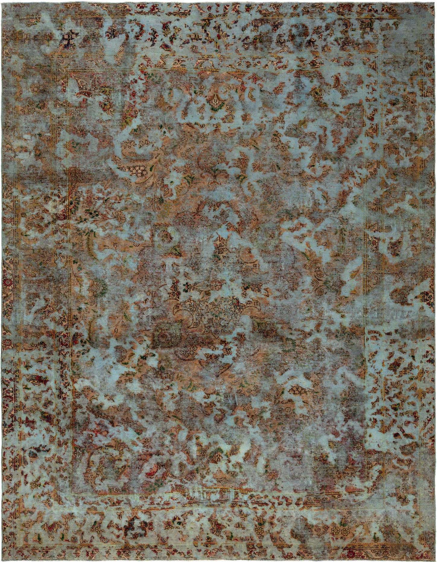 An 8x11 rectangular Vintage Royal Persian rug in varying shades of blue, brown, and red with an intricate, distressed pattern.