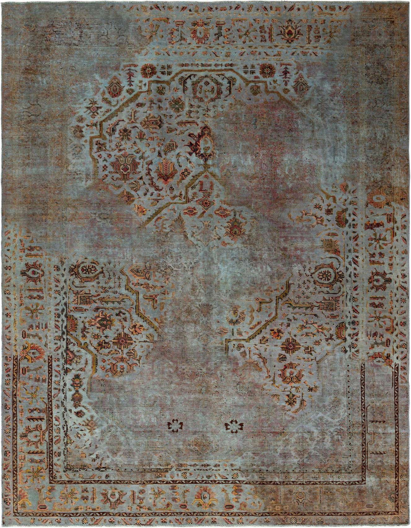 A 6x9 rectangular blue Persian rug with an antique, distressed look and intricate floral patterns in warm tones, ideal for a living room.
